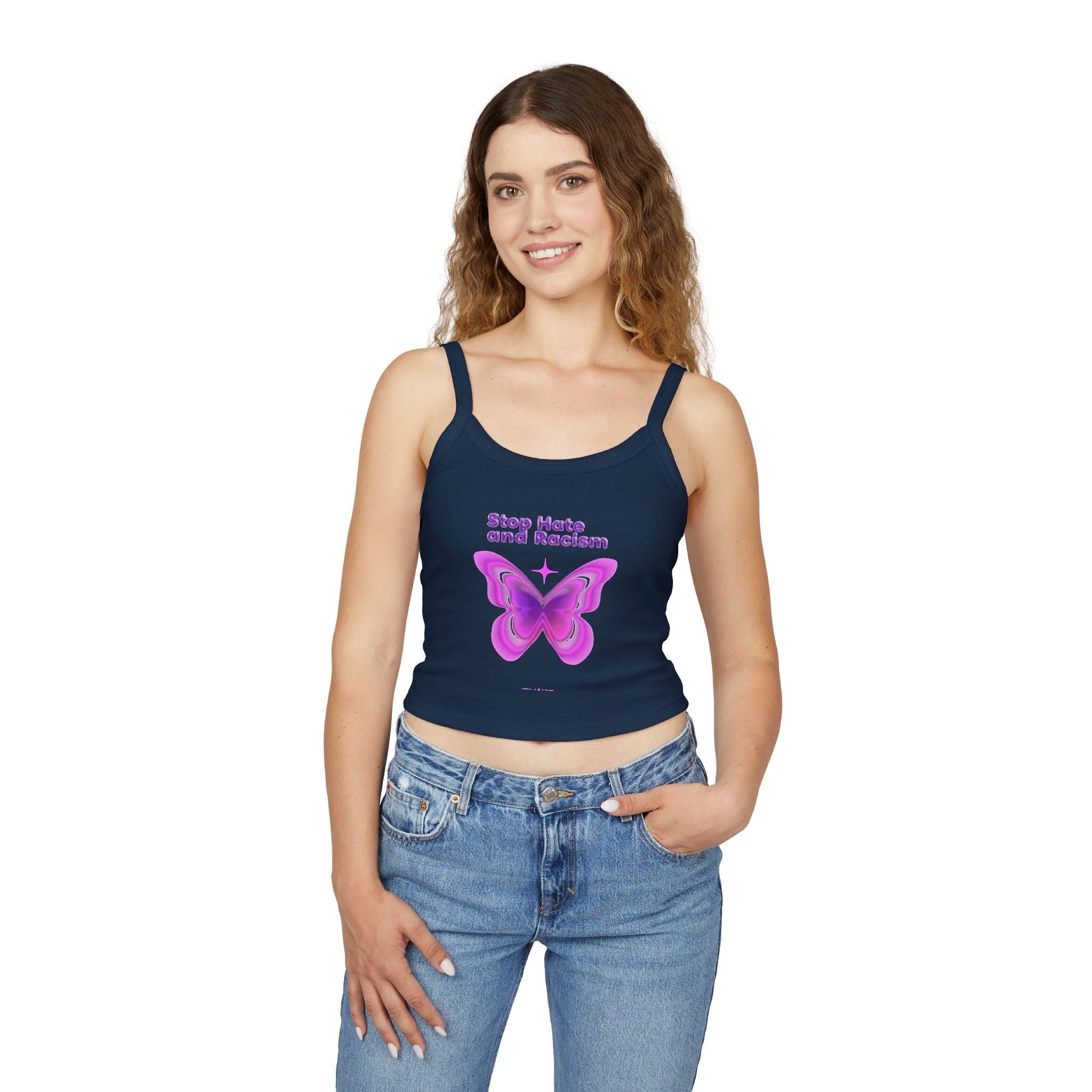 Stop Hate and Racism Butterfly Tank Top — Women's Pink Activist Crop