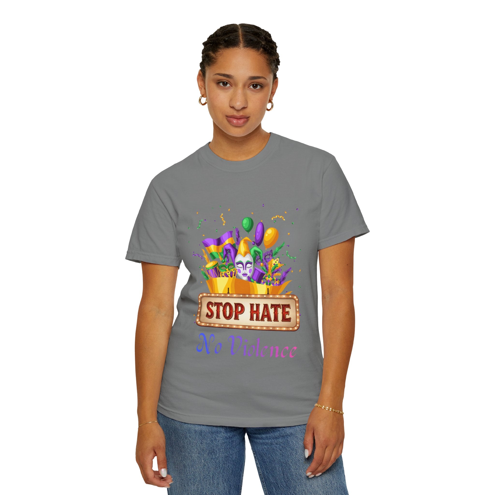 T-Shirt — "Stop Hate, No Violence" Mardi Gras Parade Design