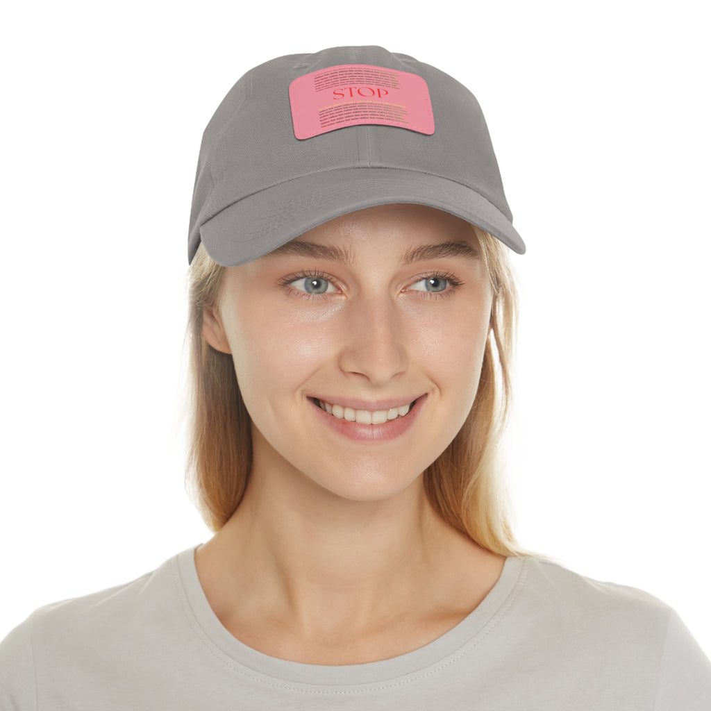 Leather Patch Dad Hat — 'STOP' Embossed Casual Baseball Cap