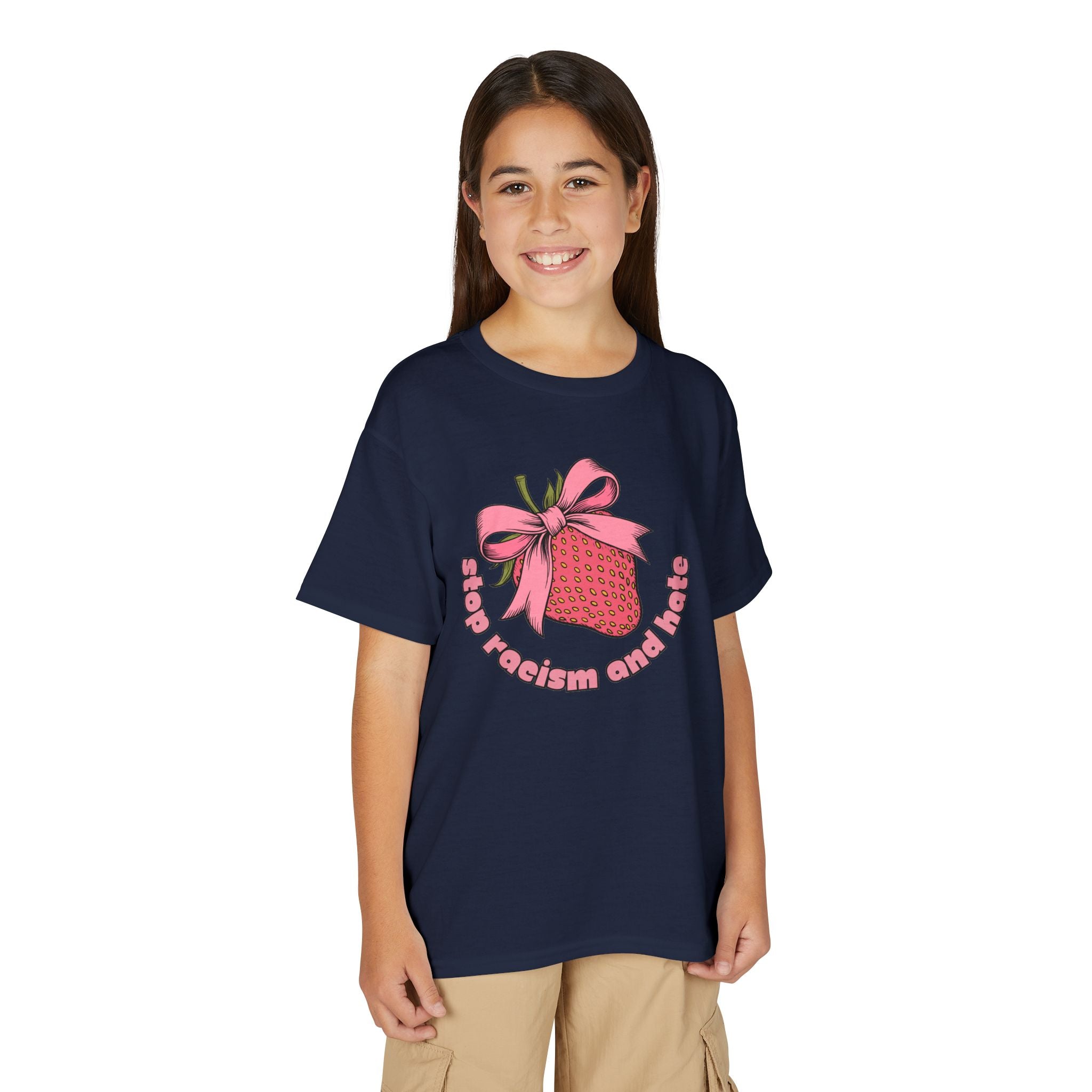 Youth T-Shirt — Cute Pink Gift Box Graphic with "Stop, Realism and Races" Slogan