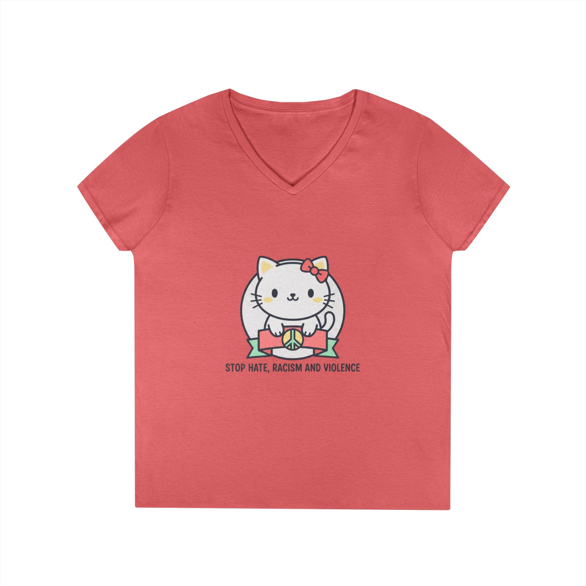 Stop Hate Kitty V-Neck Tee — Cute Anti-Racism Message Shirt
