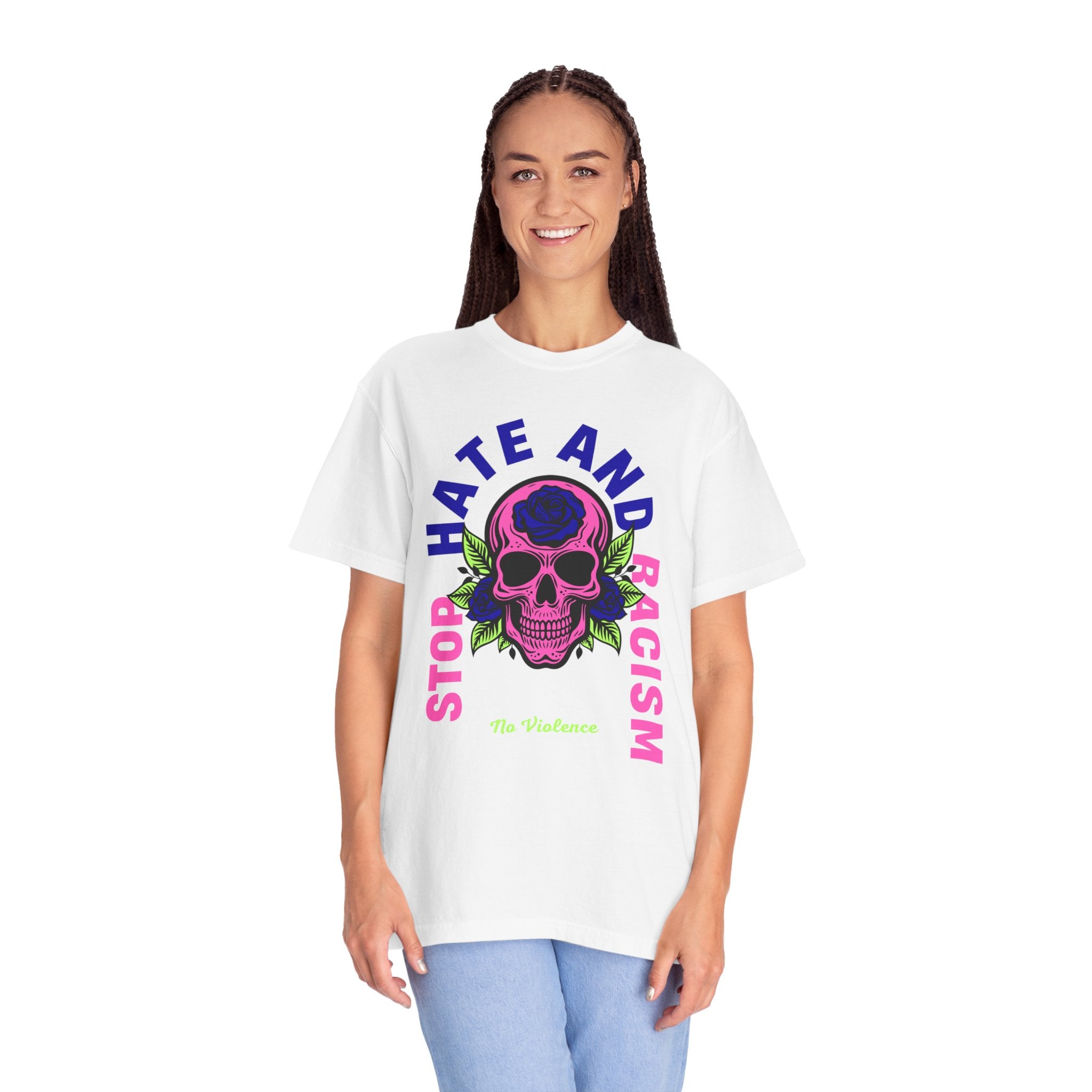 Stop Hate and Racism Skull T-Shirt — Anti-Racism Statement Tee