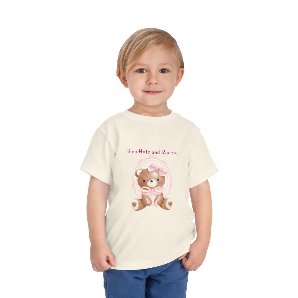 Toddler Tee – Pink Teddy "Stop Hate and Racism" Anti-Racism Kids Shirt