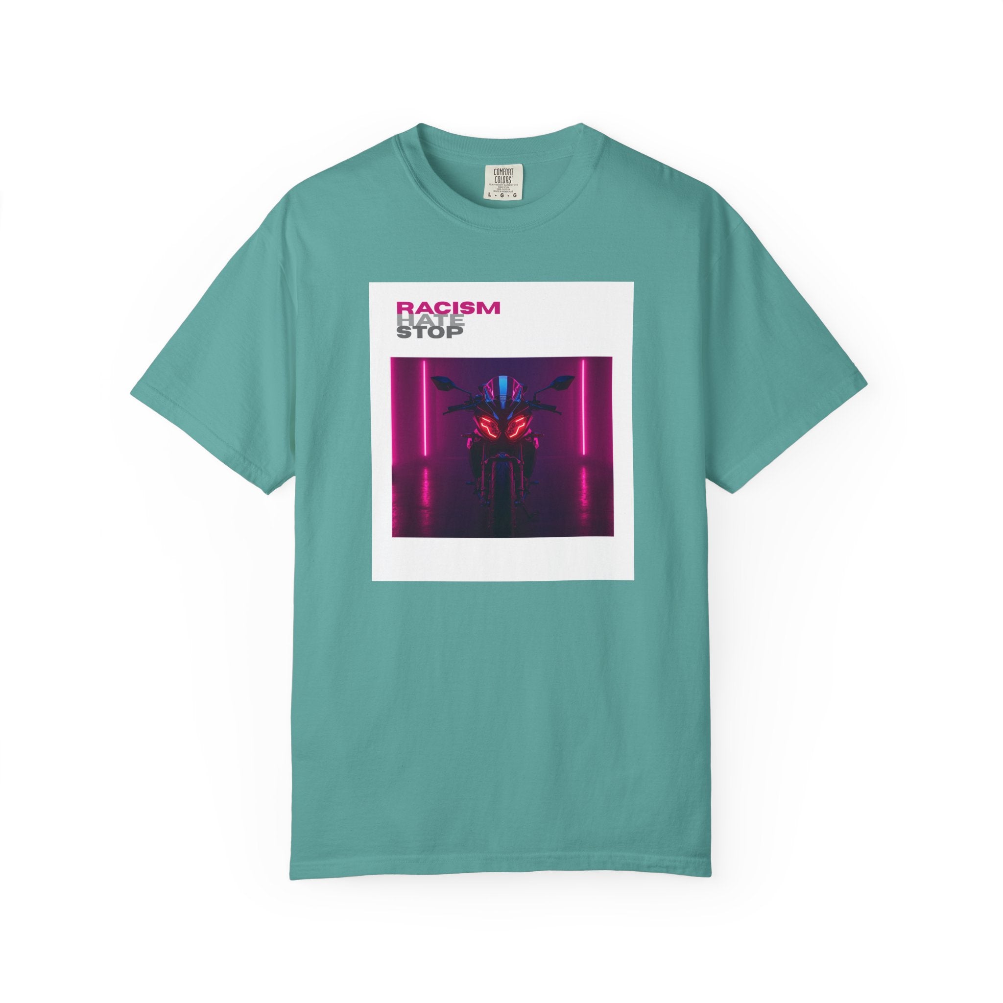 Anti-Racism Graphic T-Shirt — “Racism Stop” Neon Robot Design