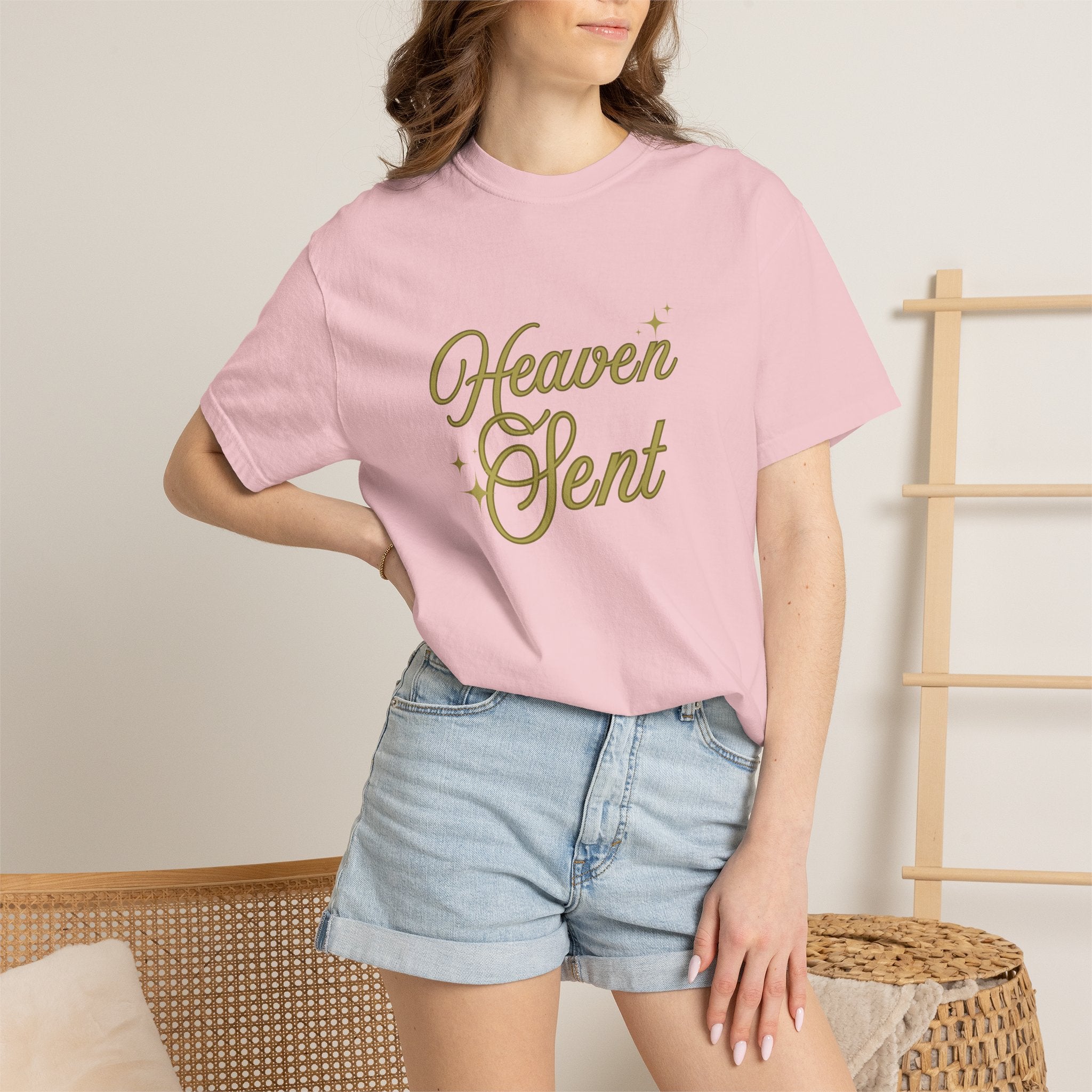Heaven Sent Graphic Tee – Script Text Logo Cotton T-Shirt
