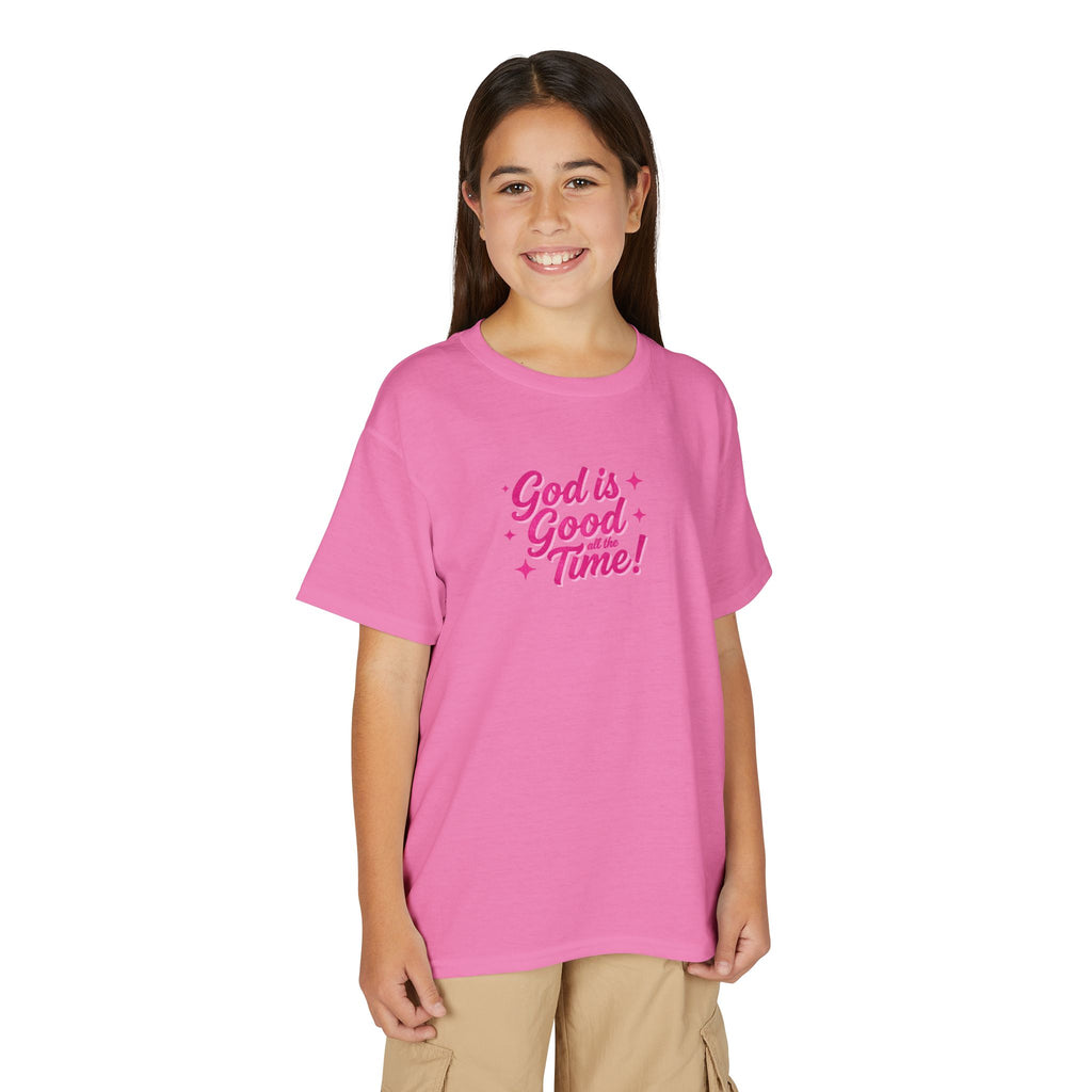 Youth T-Shirt — "God Is Good Time!" Pink Script Faith Tee