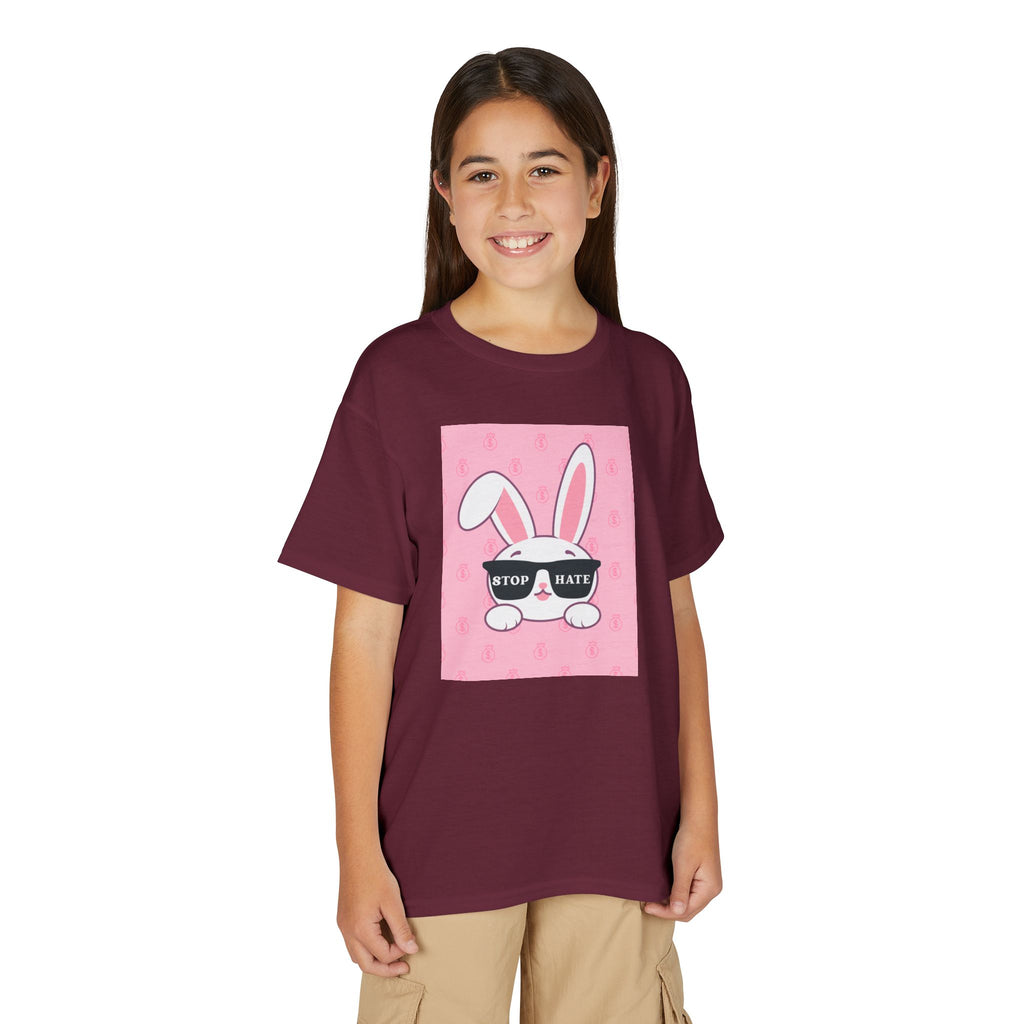 Youth T-Shirt — Pink Bunny Wearing "Stop Hate" Sunglasses Kids Tee
