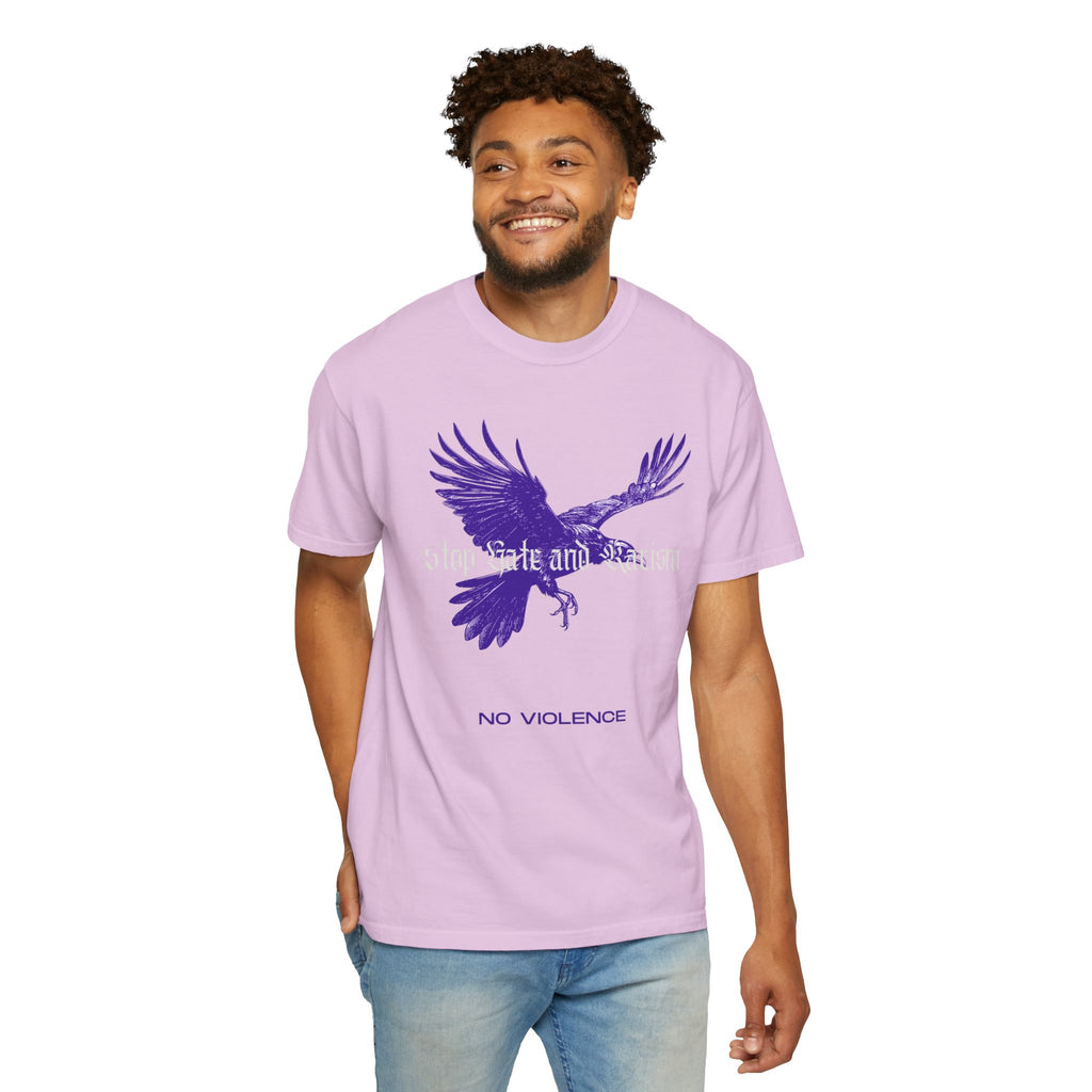 No Violence Raven T-Shirt — Purple Flying Crow Graphic Tee