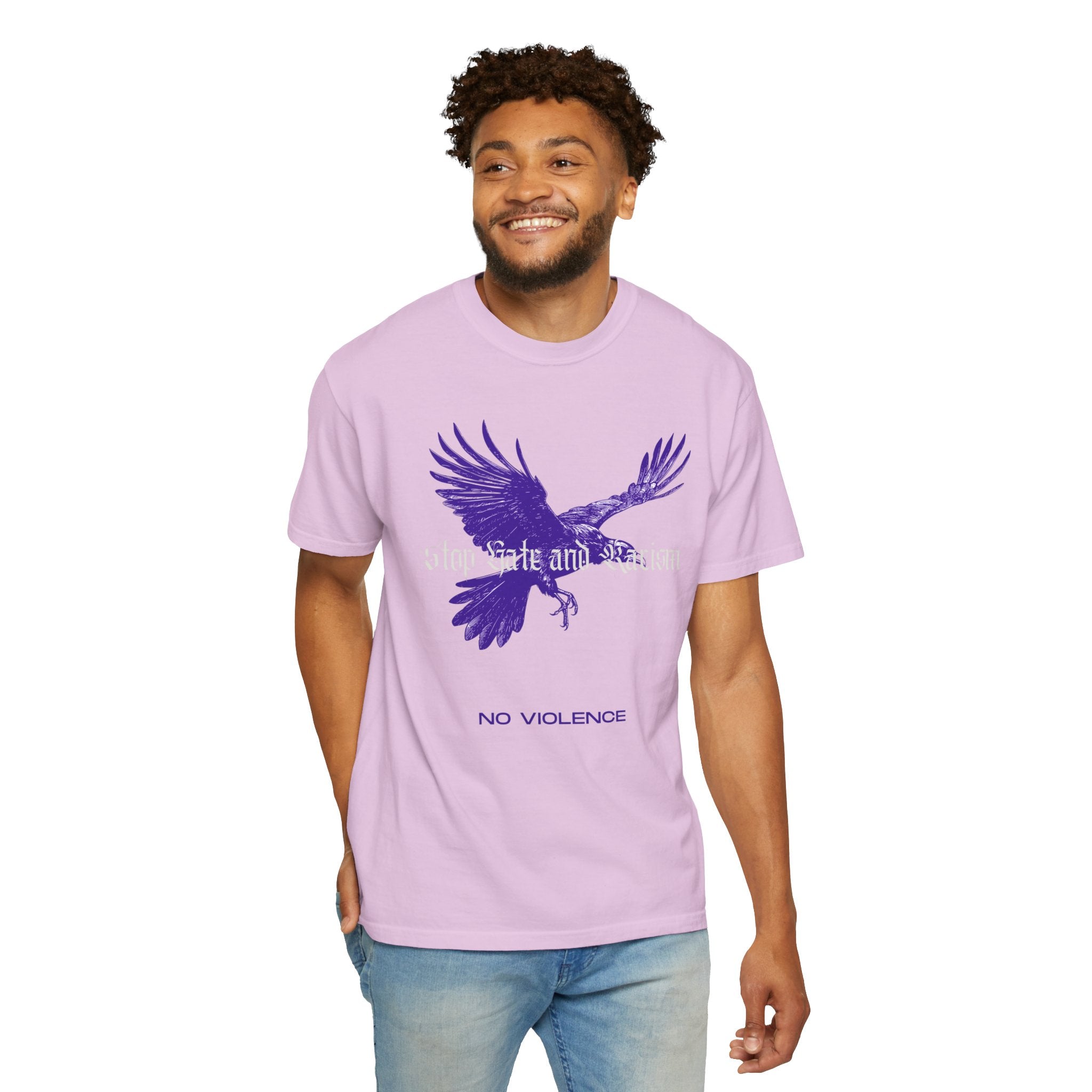 No Violence Raven T-Shirt — Purple Flying Crow Graphic Tee