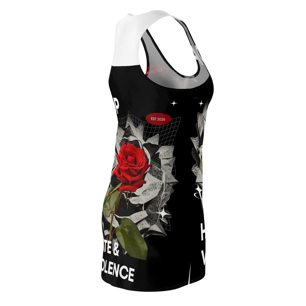 Racerback Dress — Red Rose "Stop Hate & Violence" Graphic