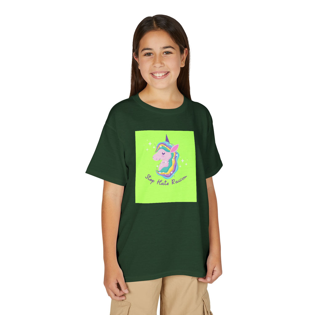 Youth T-Shirt — Rainbow Unicorn “Stop Hate Racism” Graphic