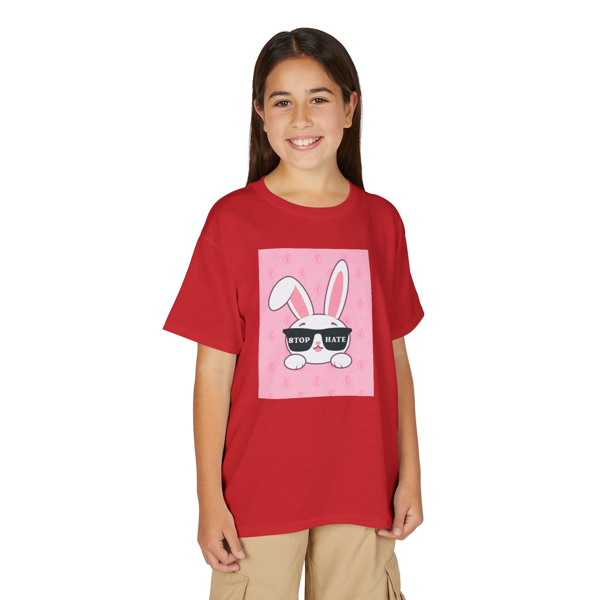 Youth T-Shirt — Pink Bunny Wearing "Stop Hate" Sunglasses Kids Tee