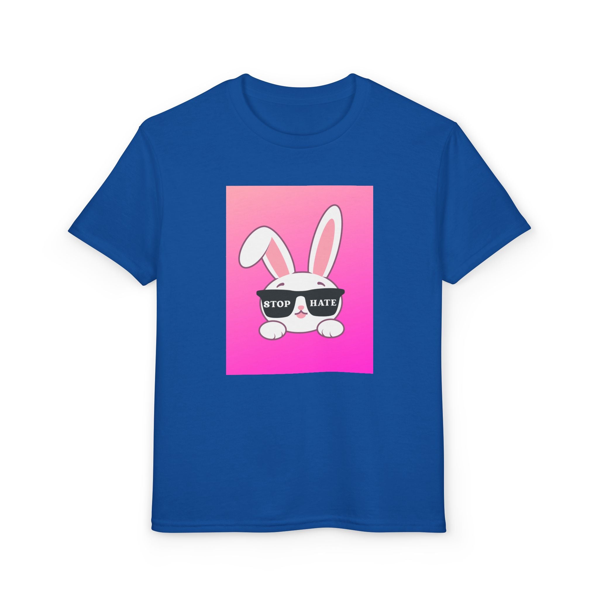 Youth T-Shirt — Pink Bunny "Stop Hate" Graphic