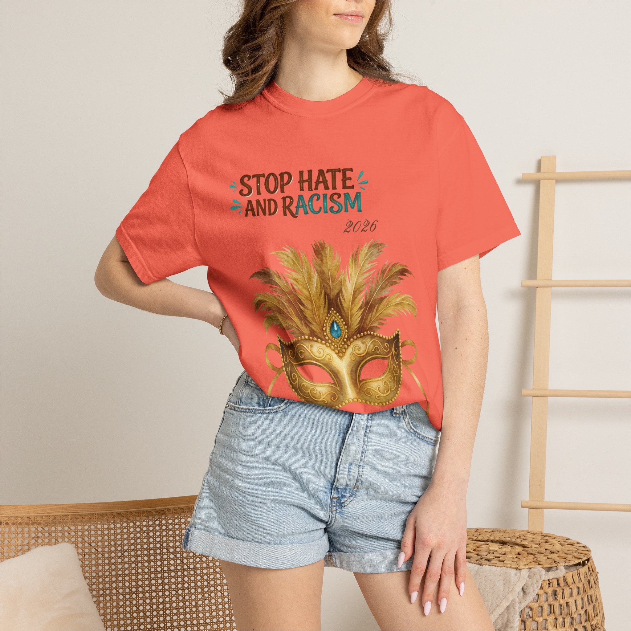 Stop Hate and Racism T-Shirt — Mardi Gras Mask Anti-Racism Tee