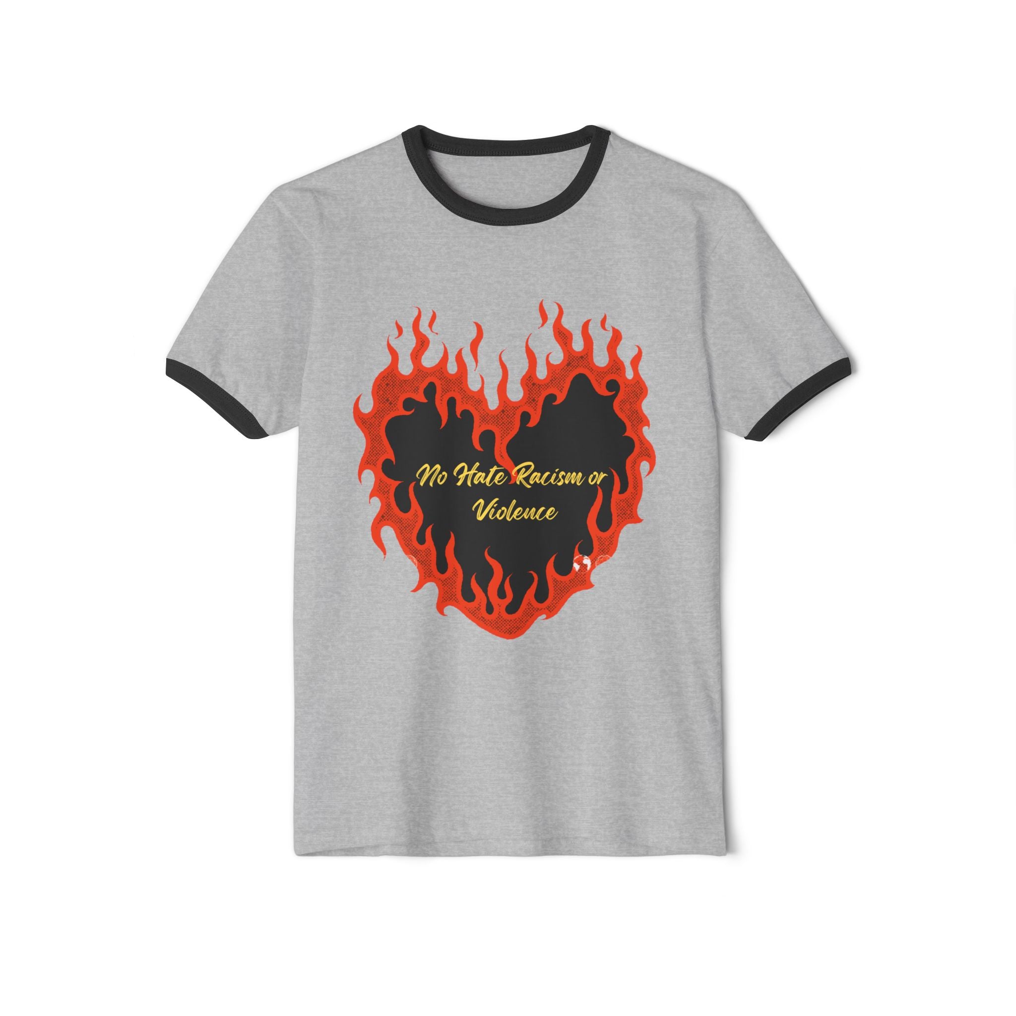 Ringer T-Shirt - Flaming Heart "No Hate, Racism or Violence" Graphic