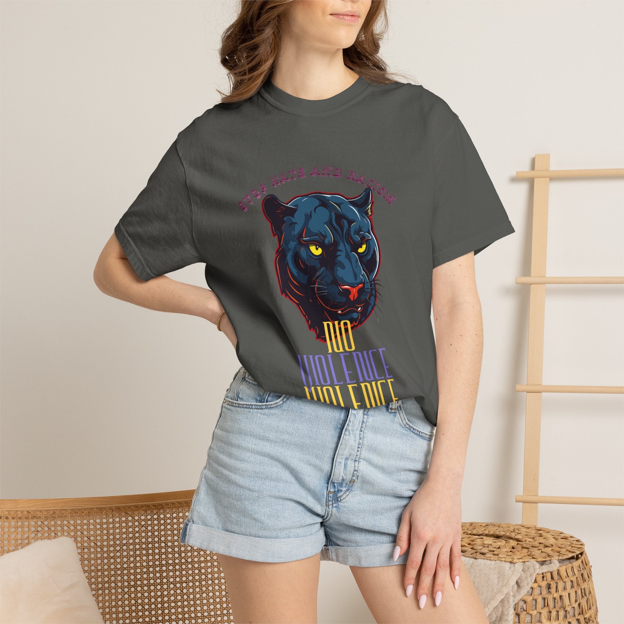 No Violence Panther T-Shirt — Graphic Animal Tee with 'No Violence' Text
