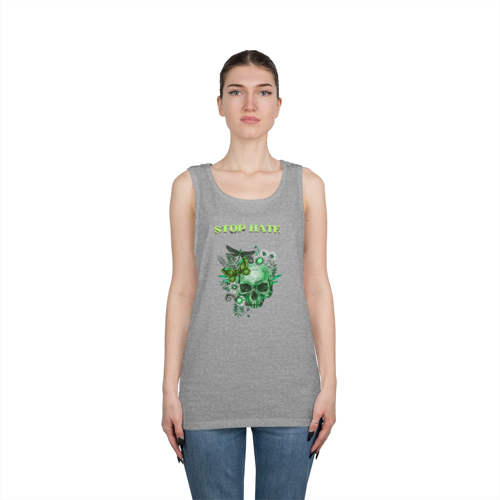 Stop Hate Skull Tank — Green Floral Skull Tank Top