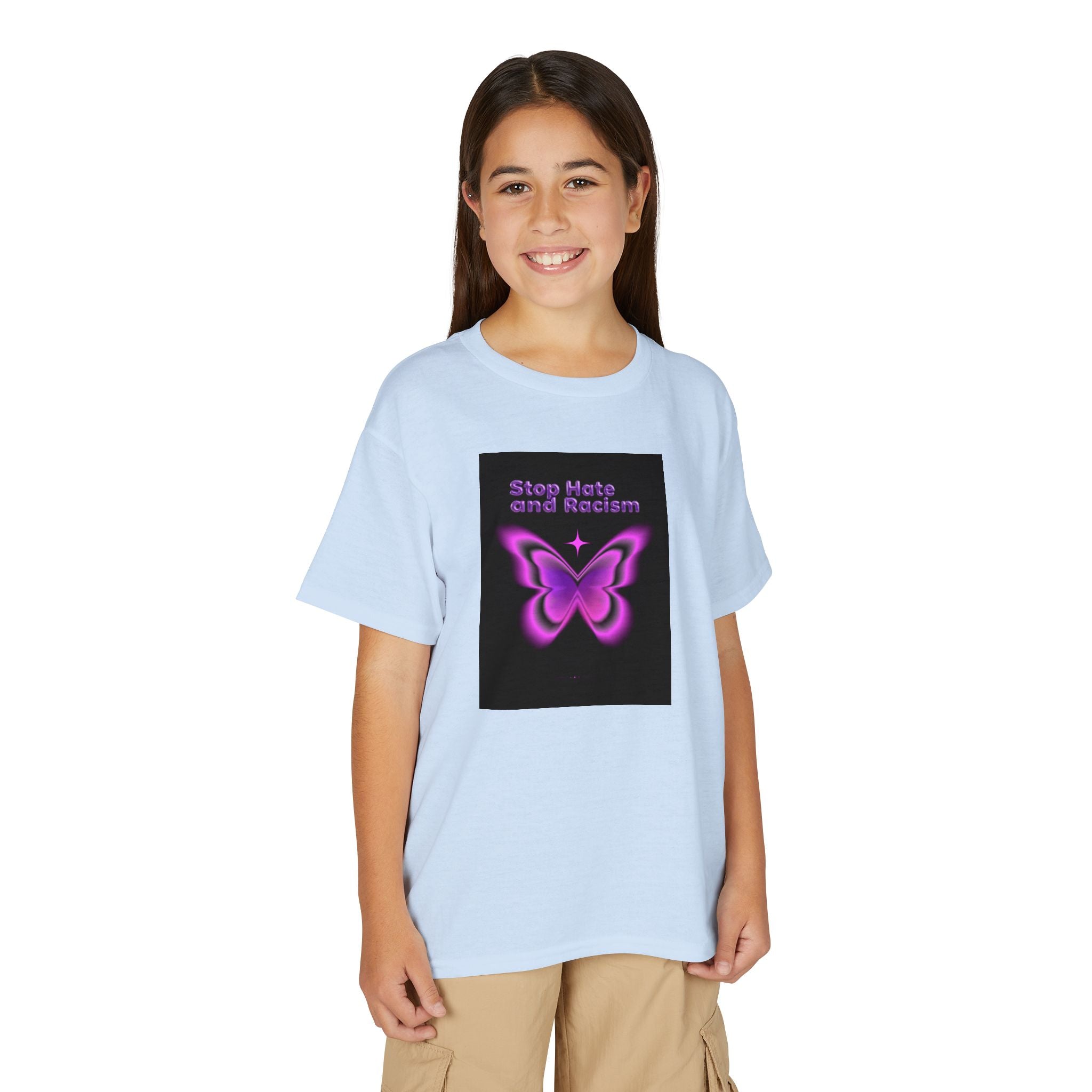 Youth T-Shirt — "Stop Hate and Racism" Pink Butterfly Anti-Racism Tee