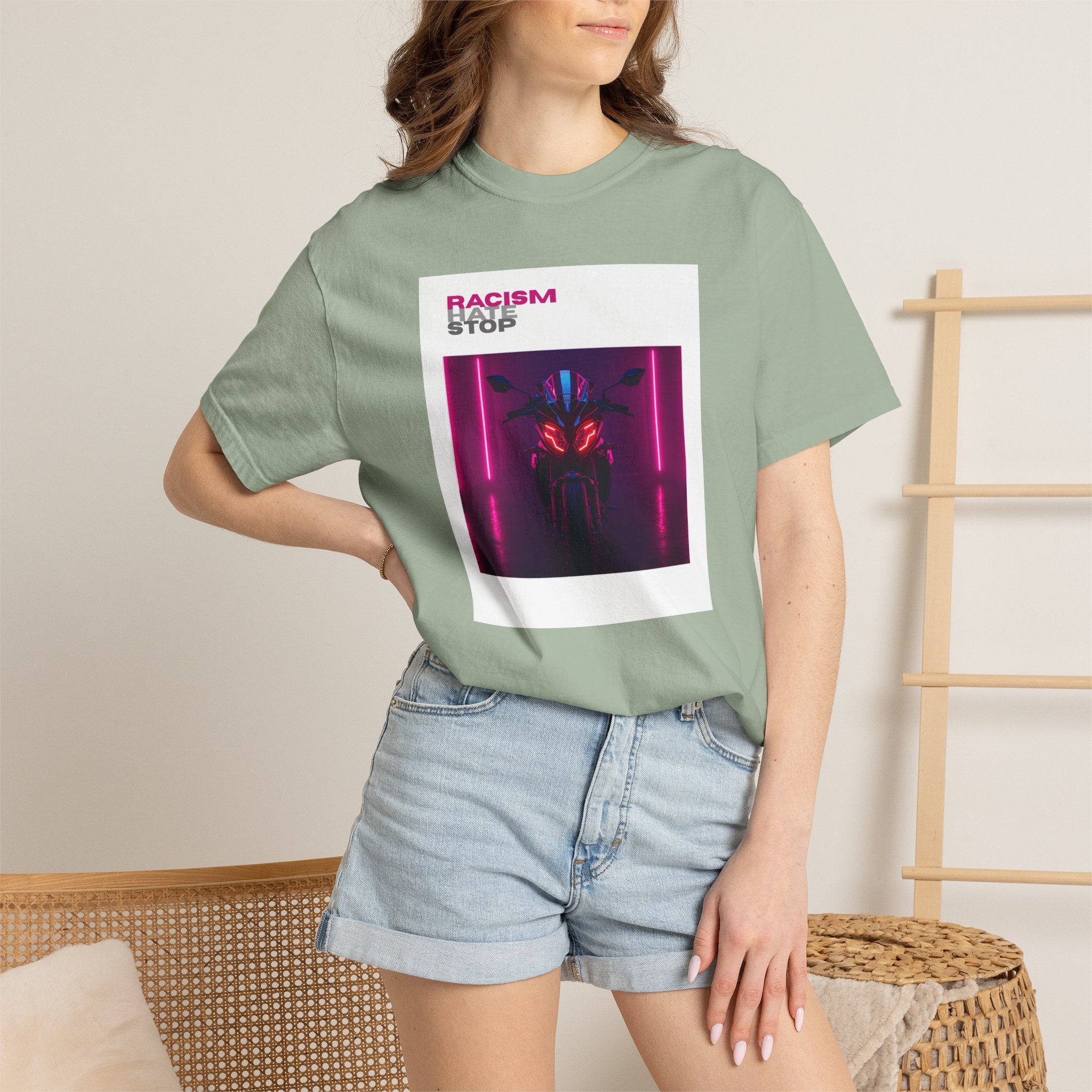 Anti-Racism Graphic T-Shirt — “Racism Stop” Neon Robot Design