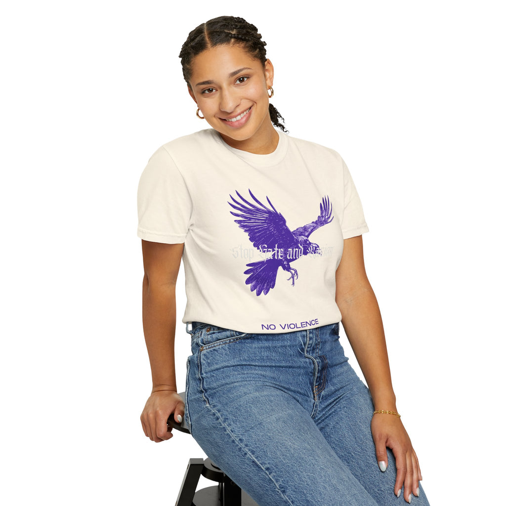 No Violence Raven T-Shirt — Purple Flying Crow Graphic Tee