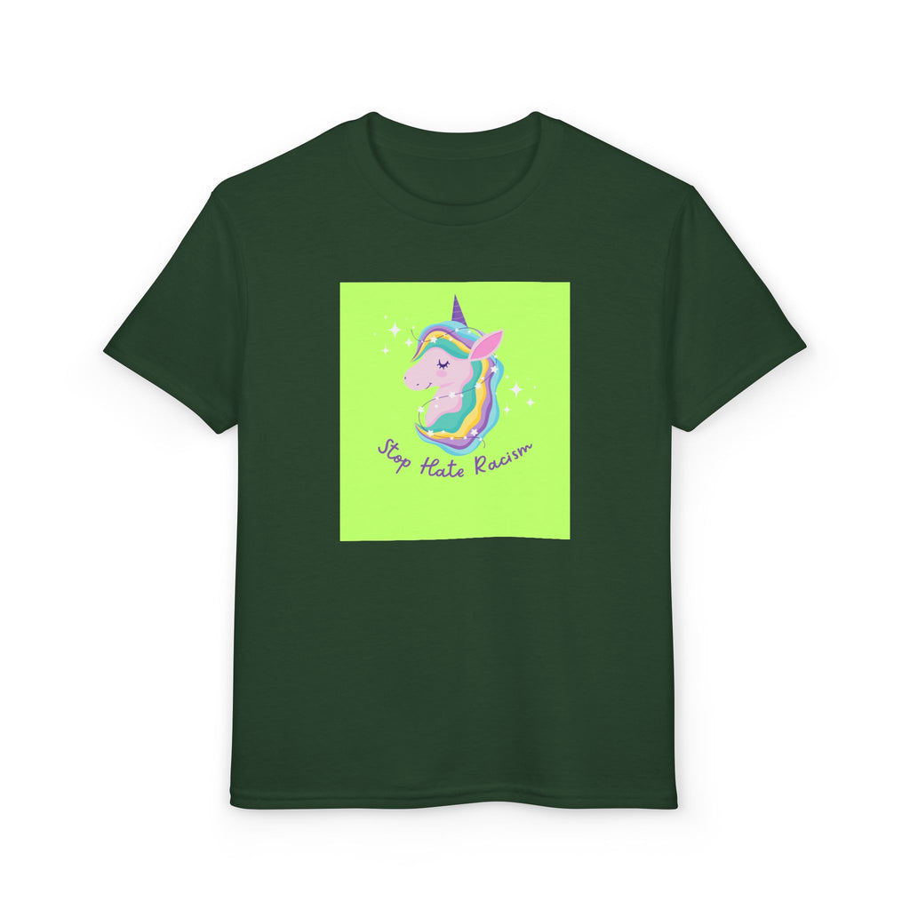 Youth T-Shirt — Rainbow Unicorn “Stop Hate Racism” Graphic