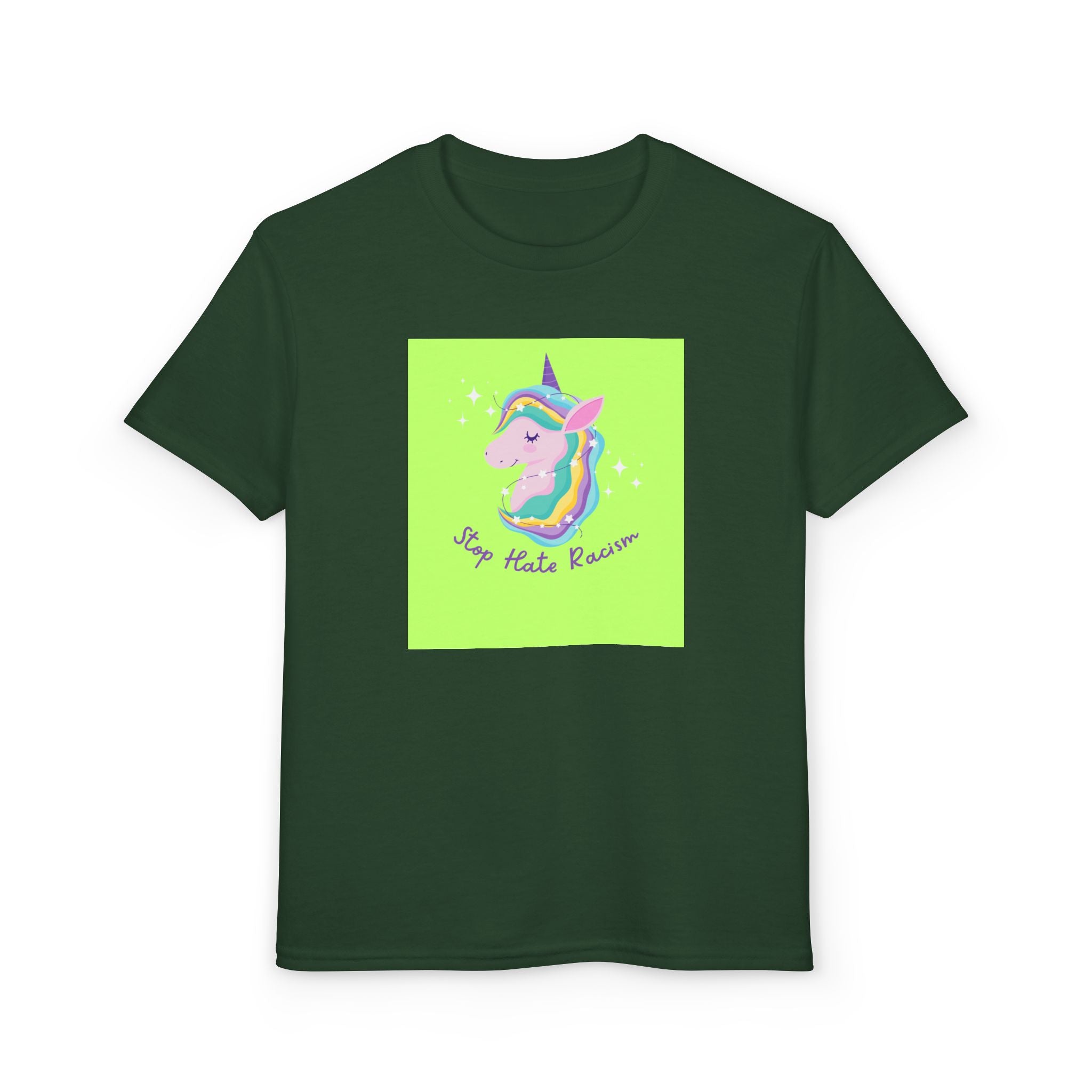 Youth T-Shirt — Rainbow Unicorn “Stop Hate Racism” Graphic