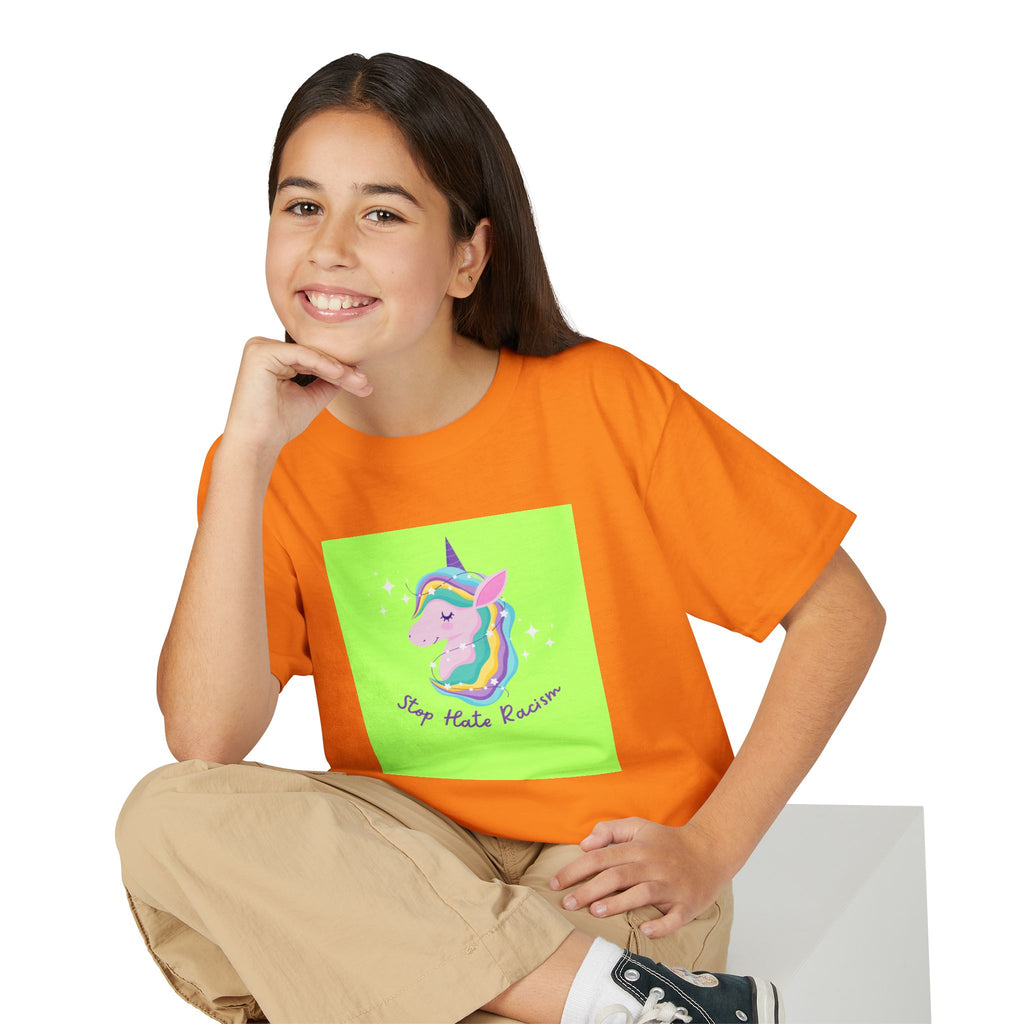 Youth T-Shirt — Rainbow Unicorn “Stop Hate Racism” Graphic