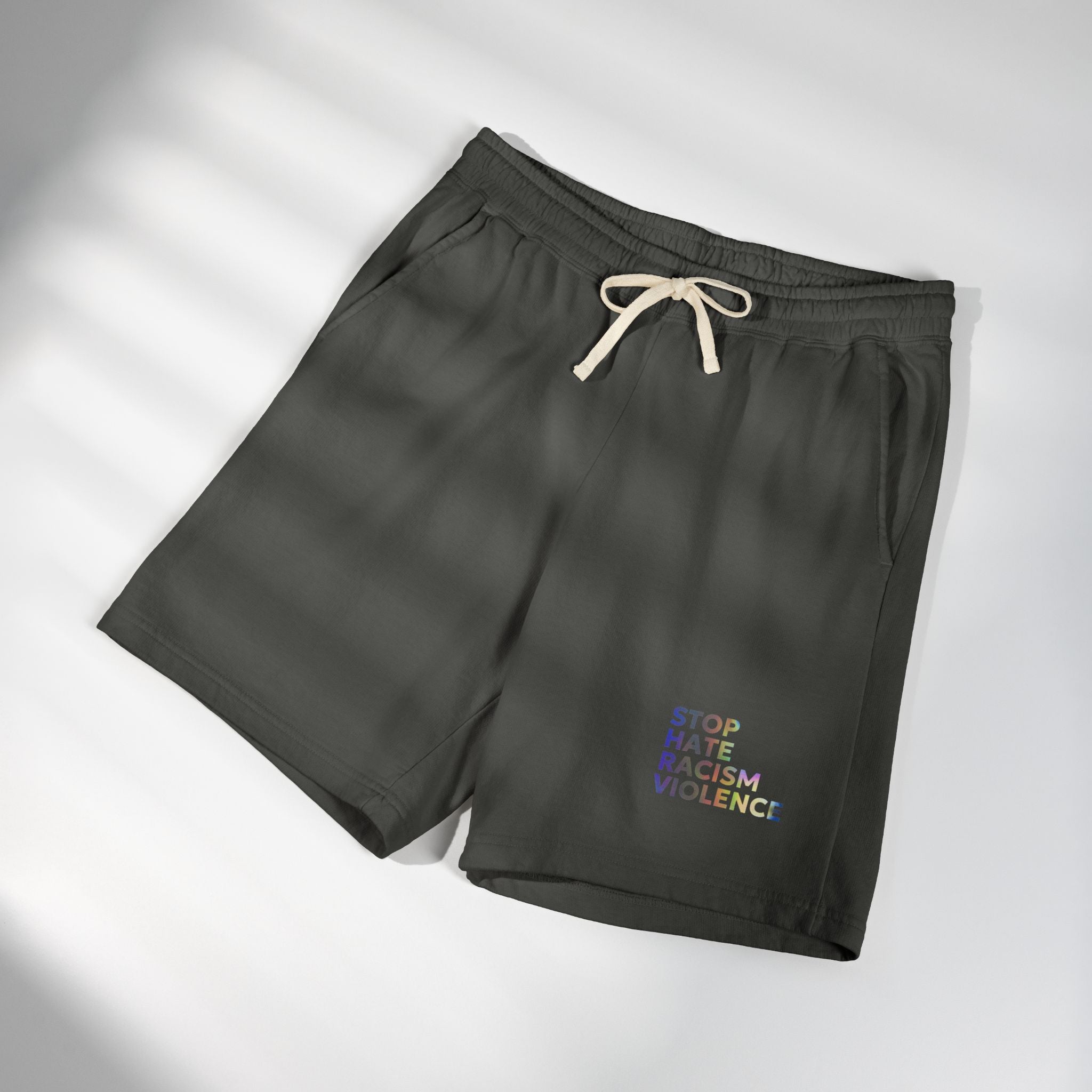 Stop Hate Shorts — Lightweight Fleece Sweat Shorts with "Stop Hate Racism and Violence" Print