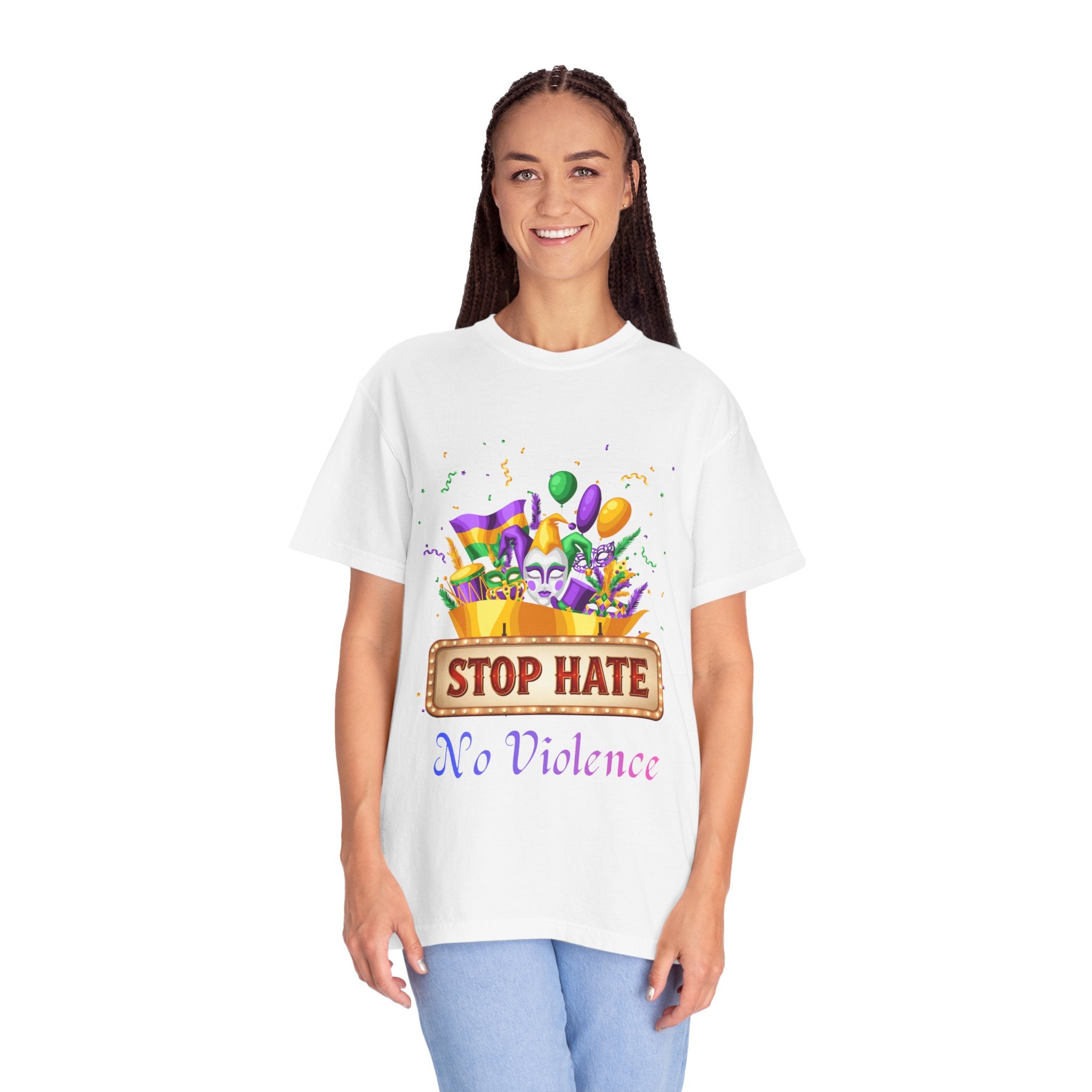 T-Shirt — "Stop Hate, No Violence" Mardi Gras Parade Design
