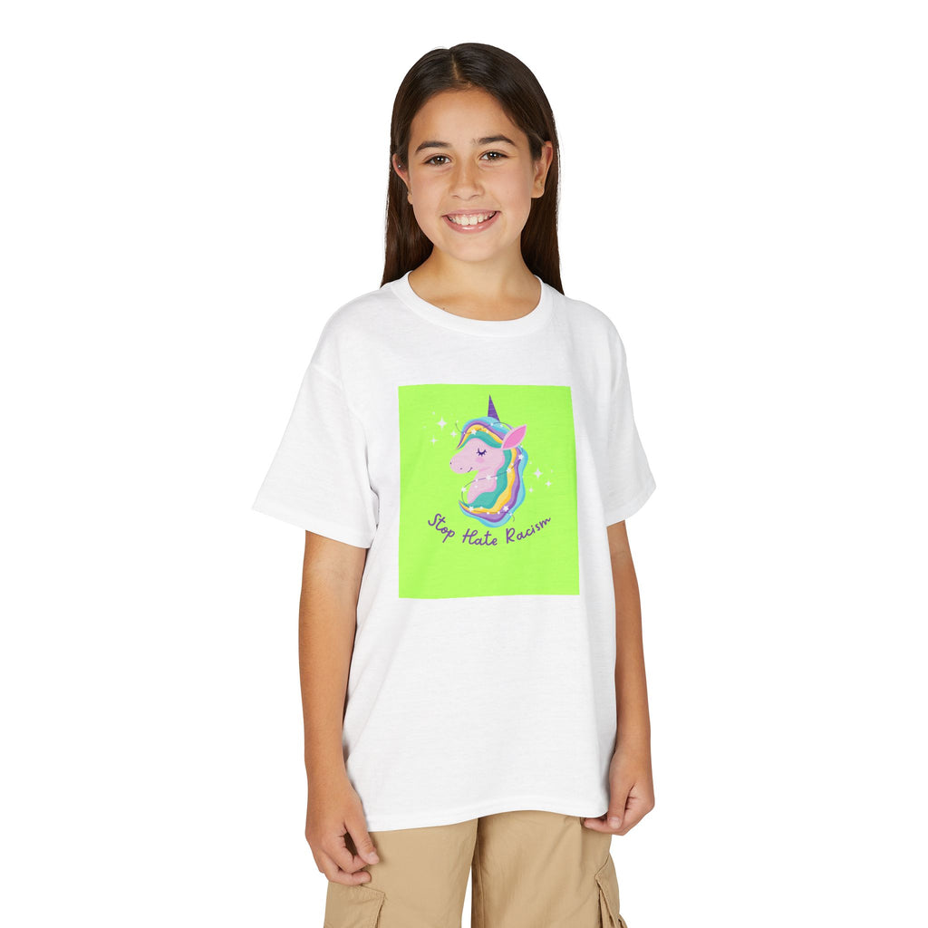 Youth T-Shirt — Rainbow Unicorn “Stop Hate Racism” Graphic