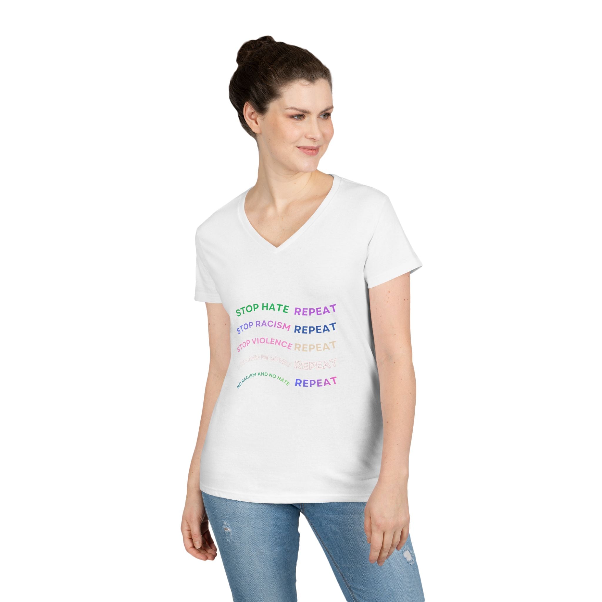 Ladies' V-Neck T-Shirt — "Stop Hate Repeat" Anti-Racism Message Tee