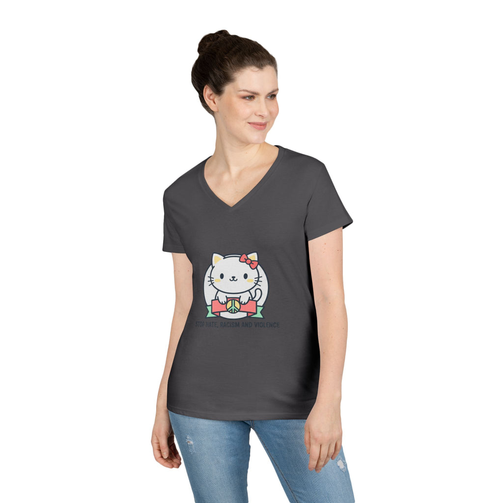 Stop Hate Kitty V-Neck Tee — Cute Anti-Racism Message Shirt