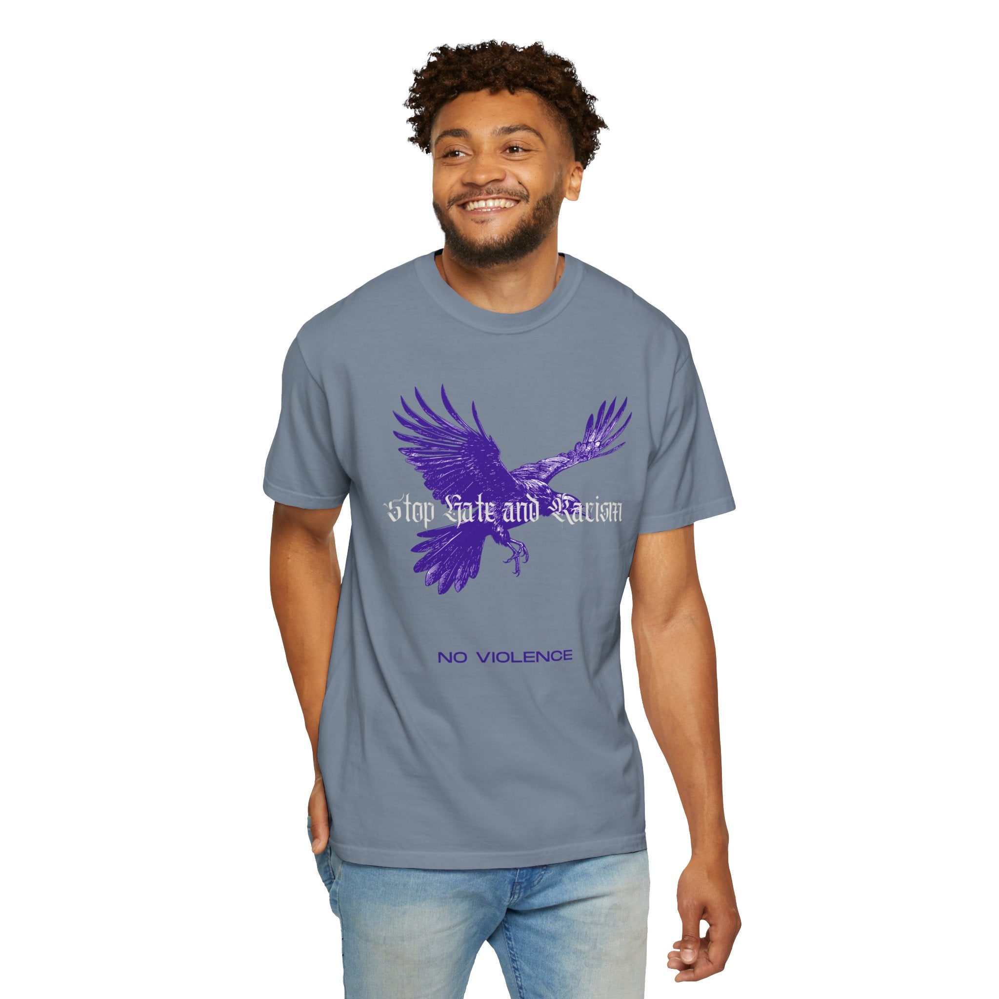 No Violence Raven T-Shirt — Purple Flying Crow Graphic Tee