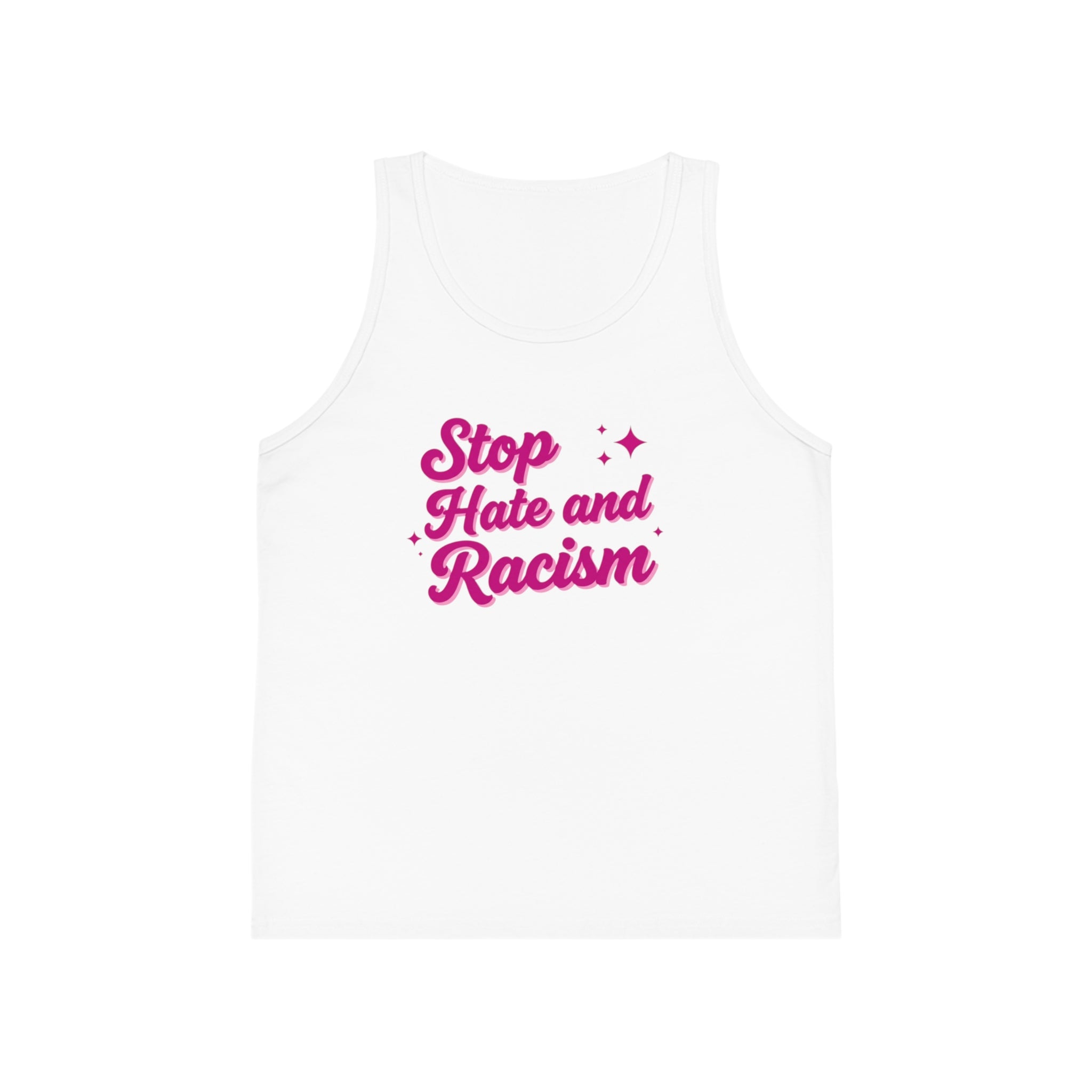 Kids Tank Top — "Stop Hate and Racism" Pink Script Kids Jersey Tank