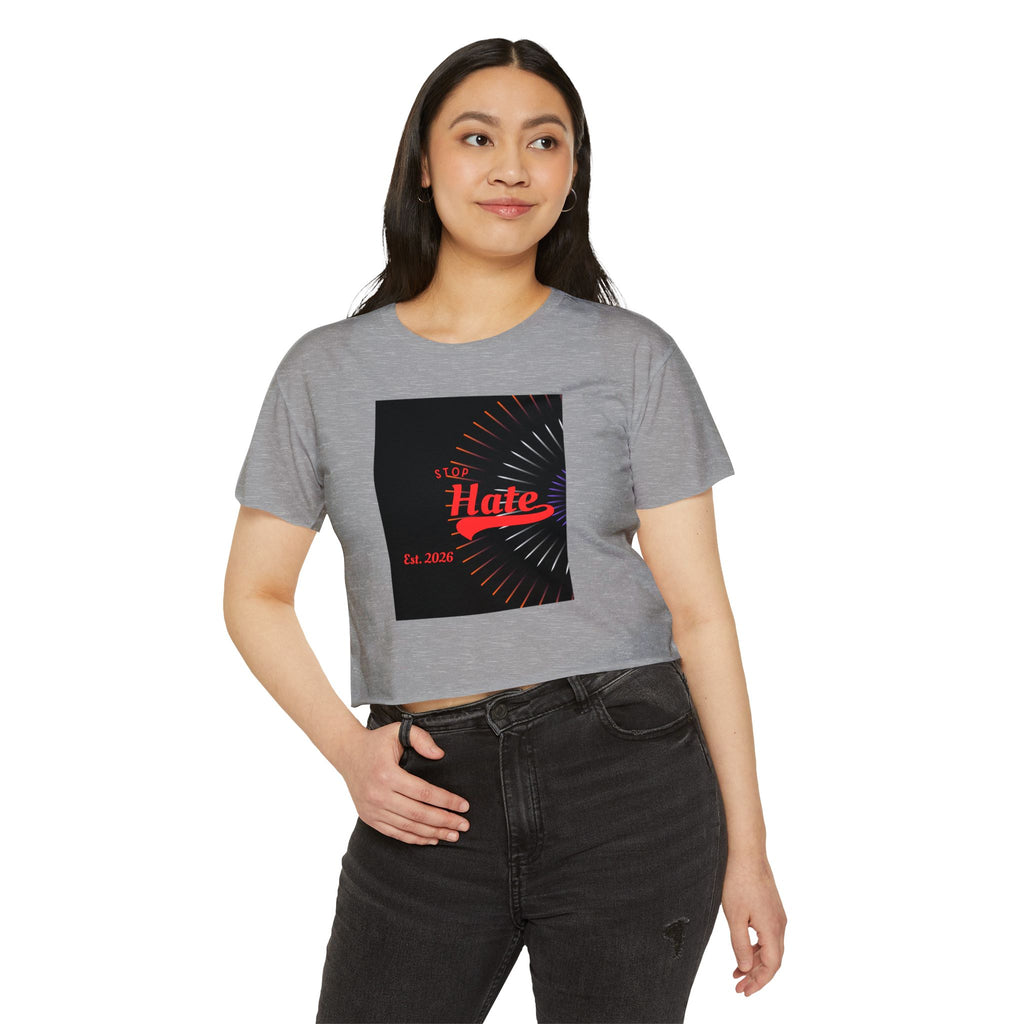 Crop Top — 'Stop Hate' Festival Crop Top, Retro Red Script Graphic