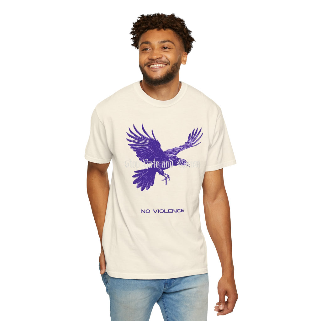 No Violence Raven T-Shirt — Purple Flying Crow Graphic Tee