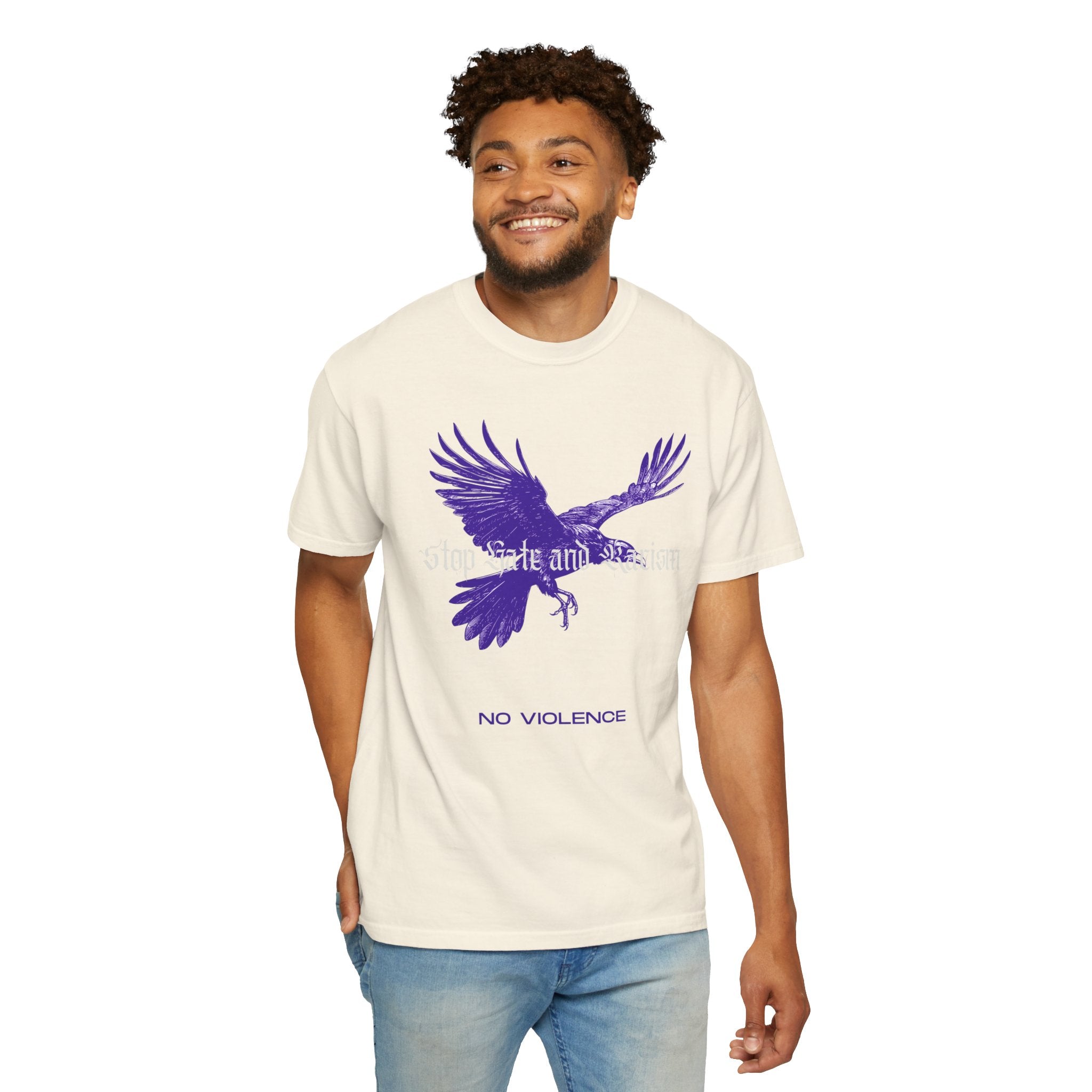No Violence Raven T-Shirt — Purple Flying Crow Graphic Tee