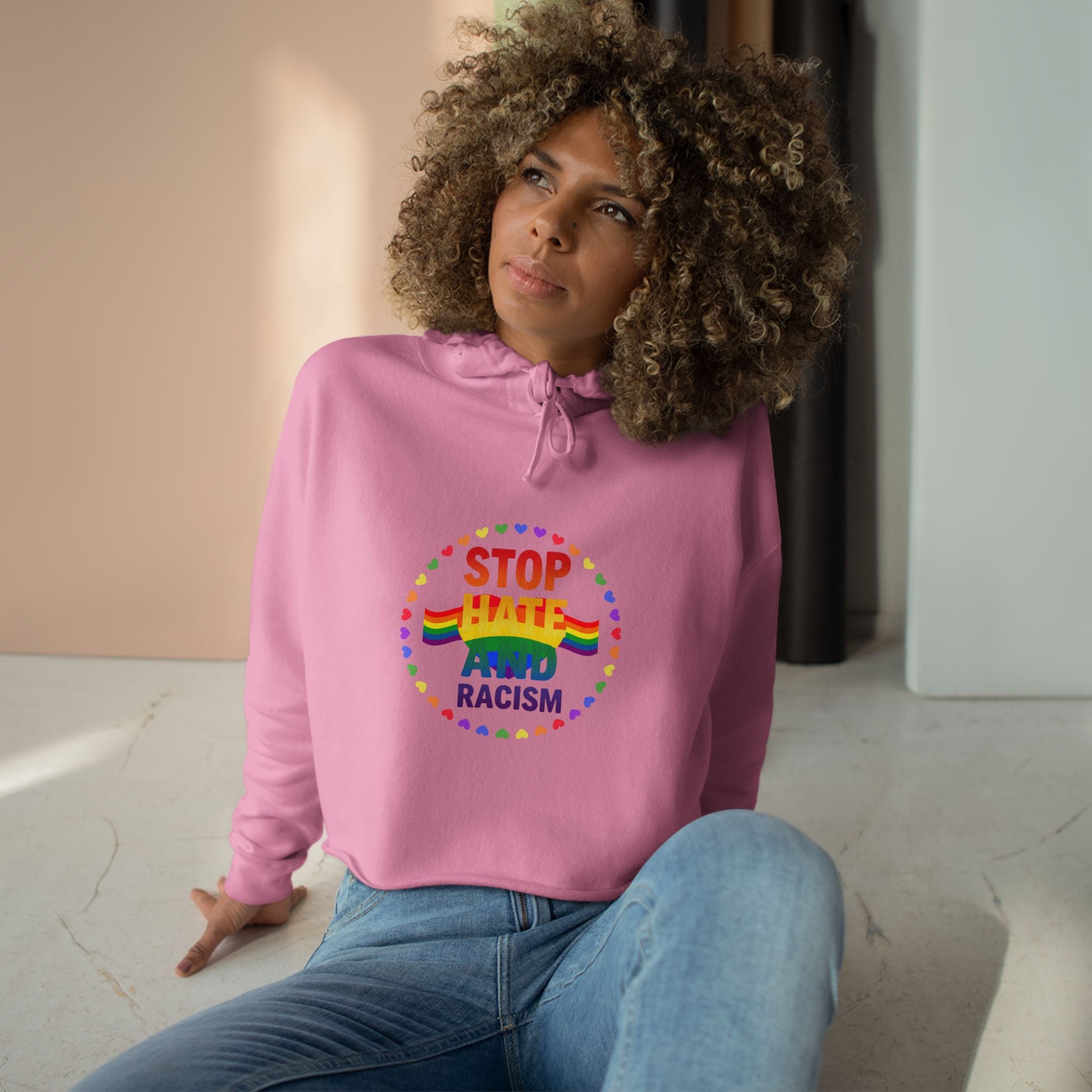 Stop Hate and Racism Crop Hoodie — Rainbow Pride Social Justice Statement Top