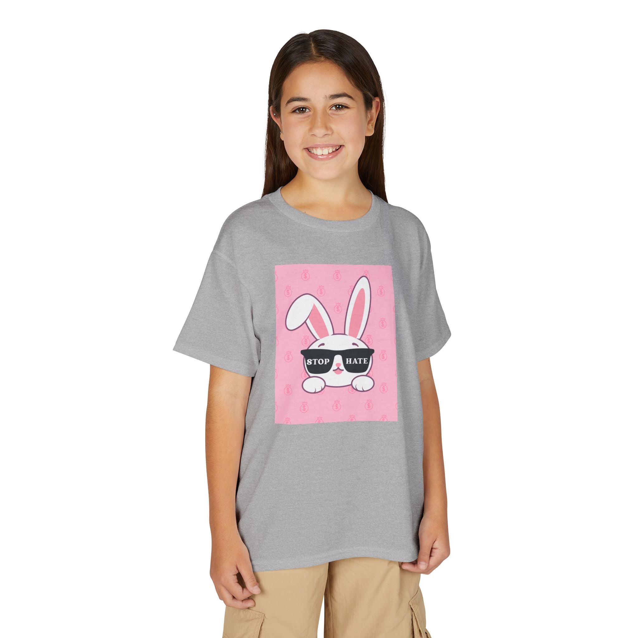 Youth T-Shirt — Pink Bunny Wearing "Stop Hate" Sunglasses Kids Tee