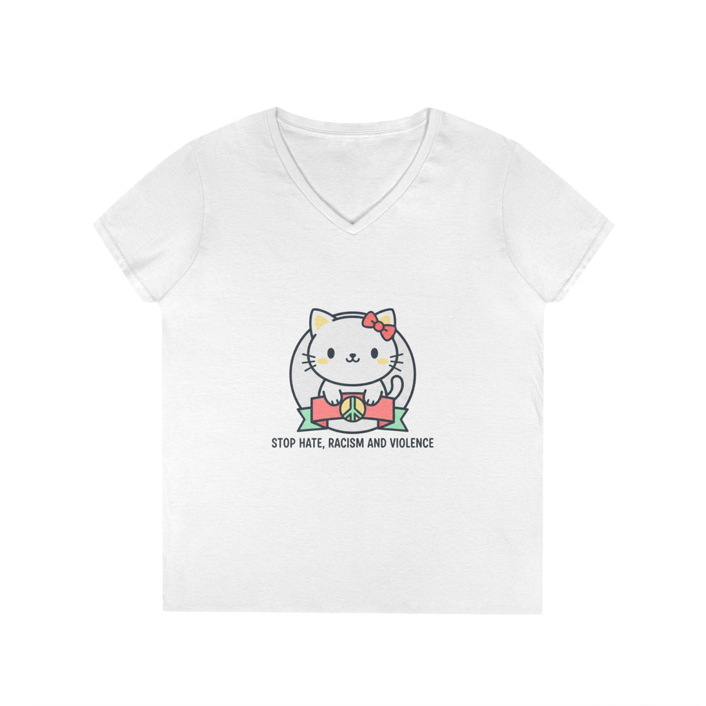 Stop Hate Kitty V-Neck Tee — Cute Anti-Racism Message Shirt