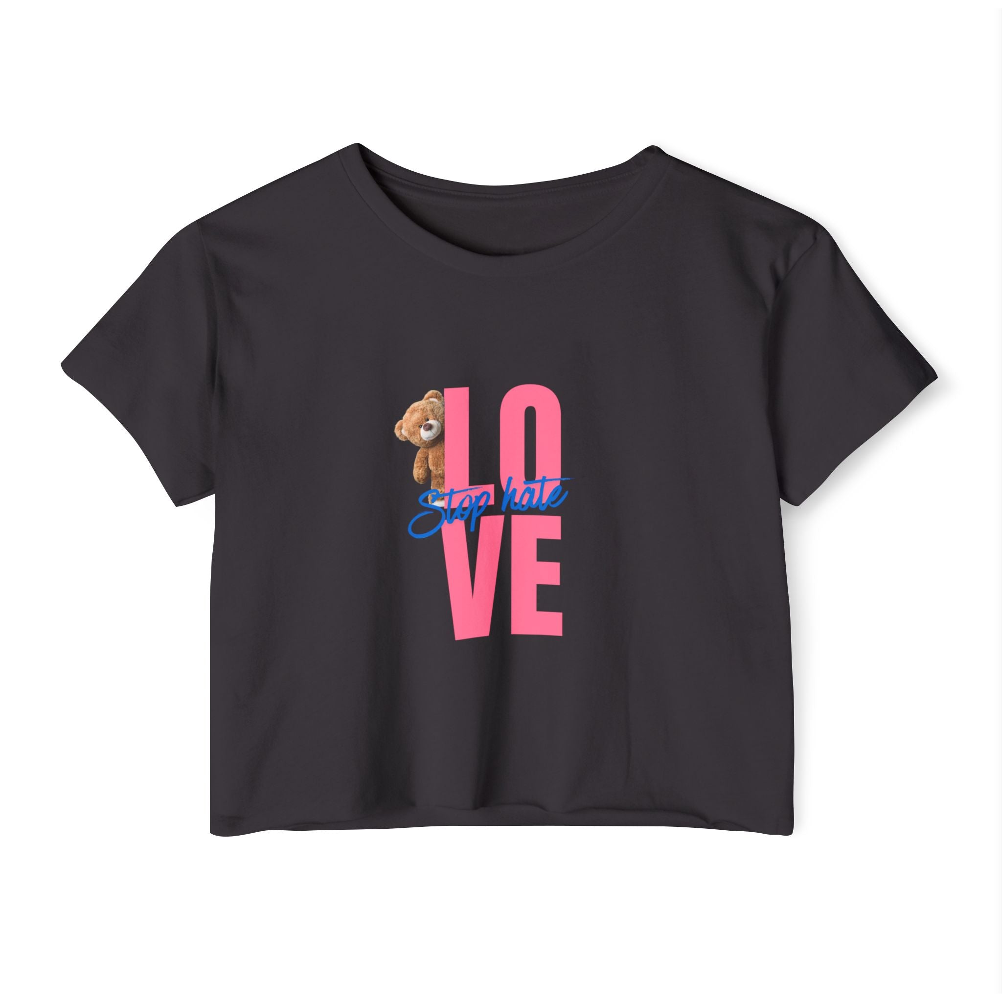 LOVE Festival Crop Top — 'Stop Hate' Pink Teddy Graphic