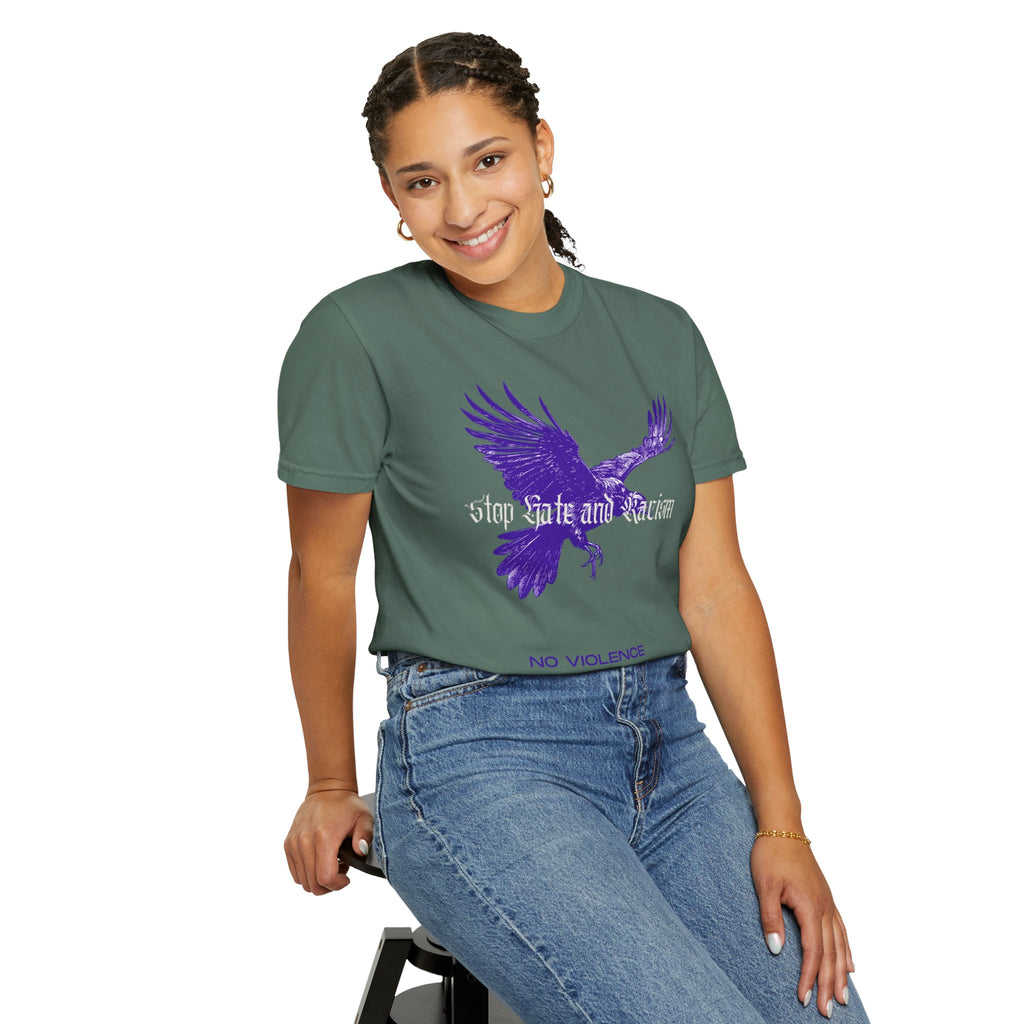 No Violence Raven T-Shirt — Purple Flying Crow Graphic Tee