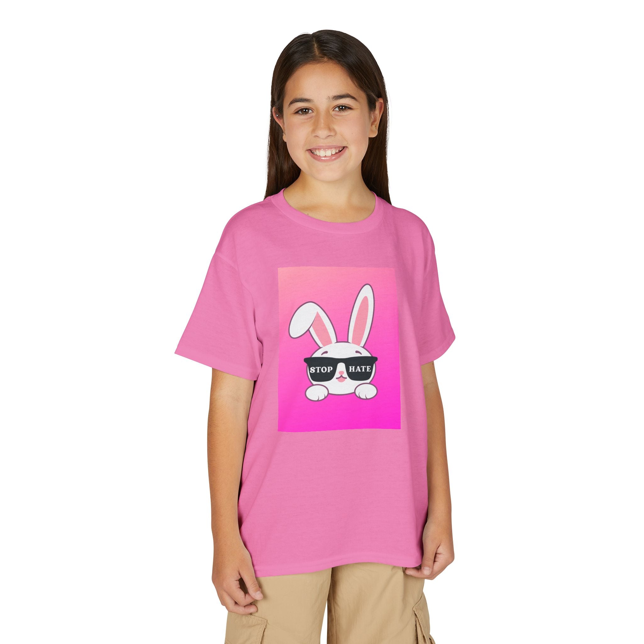 Youth T-Shirt — Pink Bunny "Stop Hate" Graphic