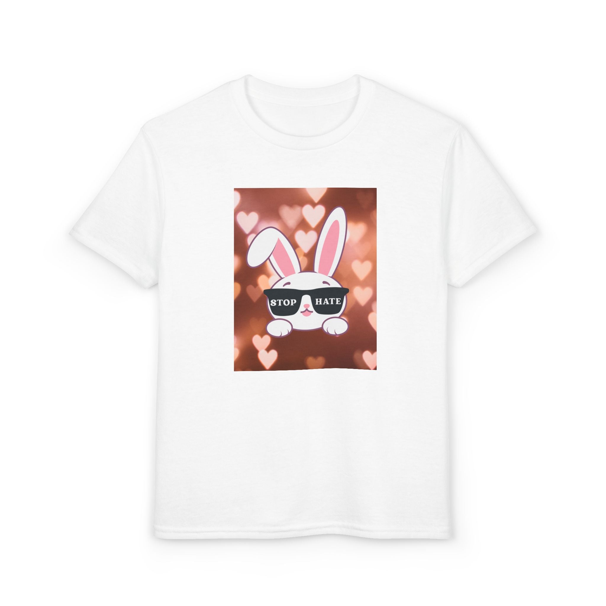 Youth T-Shirt — Cute Bunny with 'Stop the Hate' Sunglasses | Kids Anti-Bullying Tee
