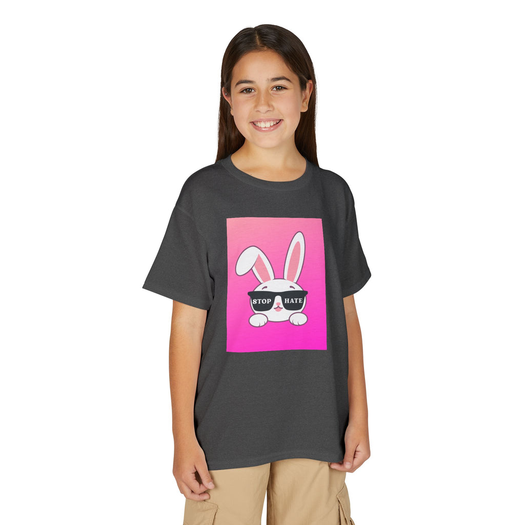 Youth T-Shirt — Pink Bunny "Stop Hate" Graphic