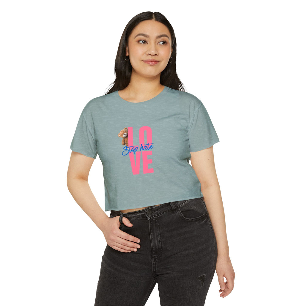 LOVE Festival Crop Top — 'Stop Hate' Pink Teddy Graphic