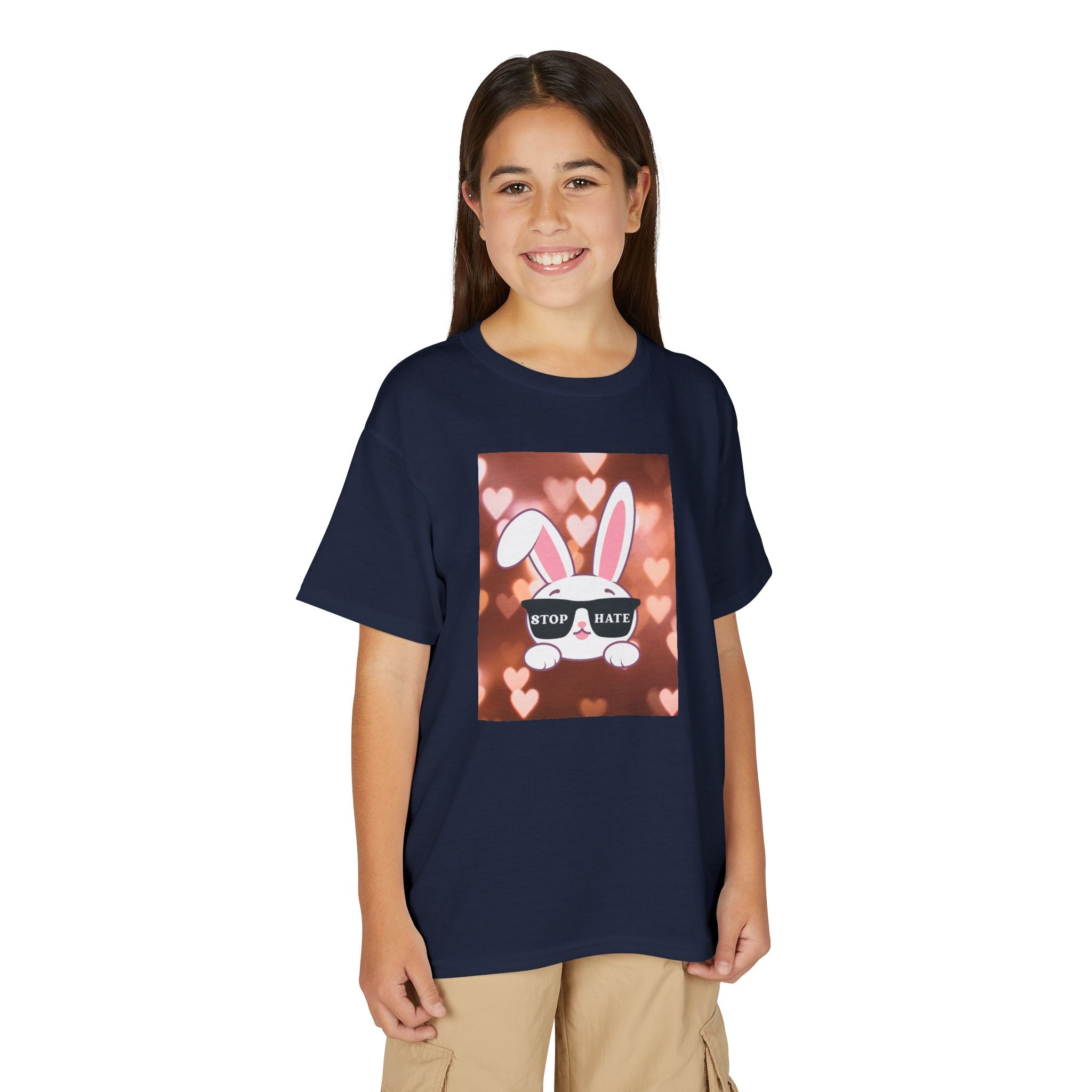 Youth T-Shirt — Cute Bunny with 'Stop the Hate' Sunglasses | Kids Anti-Bullying Tee