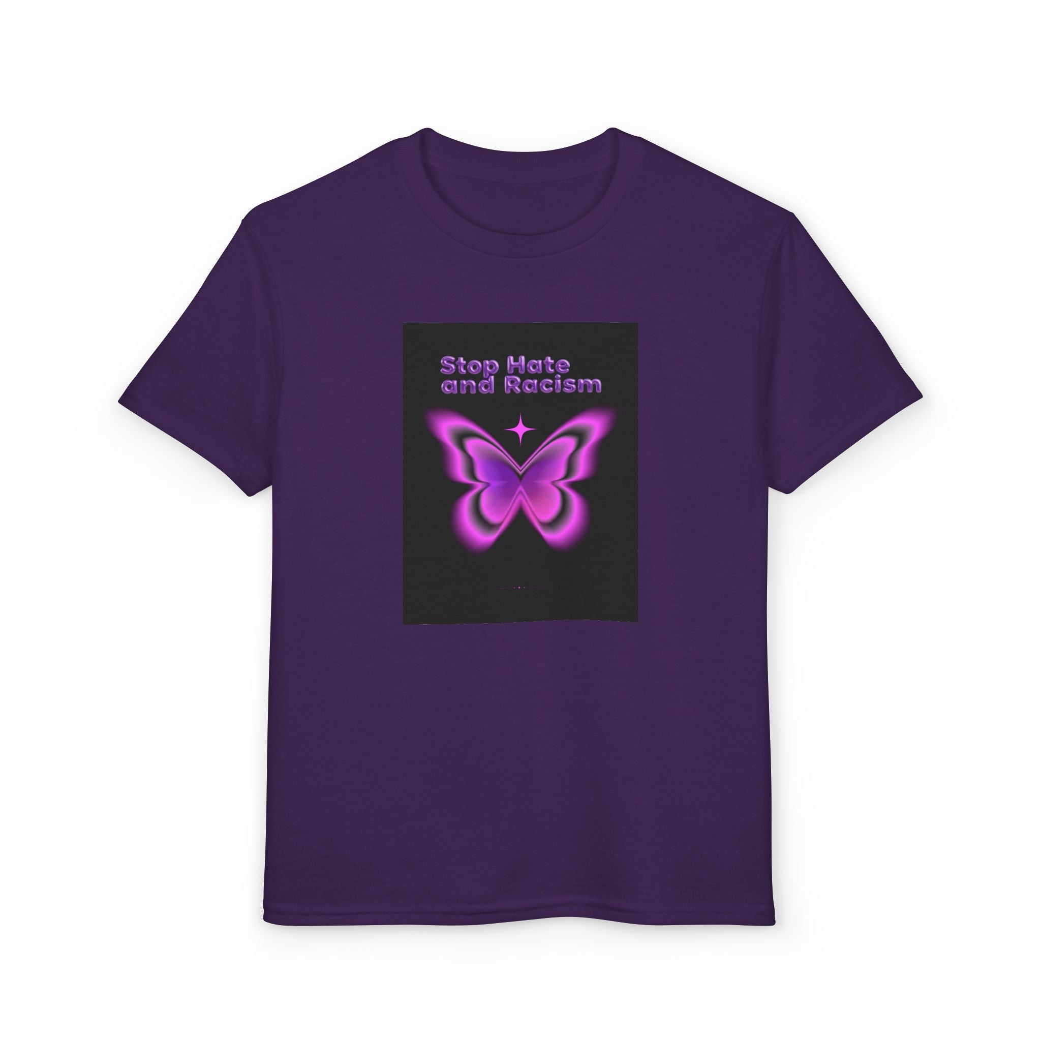 Youth T-Shirt — "Stop Hate and Racism" Pink Butterfly Anti-Racism Tee