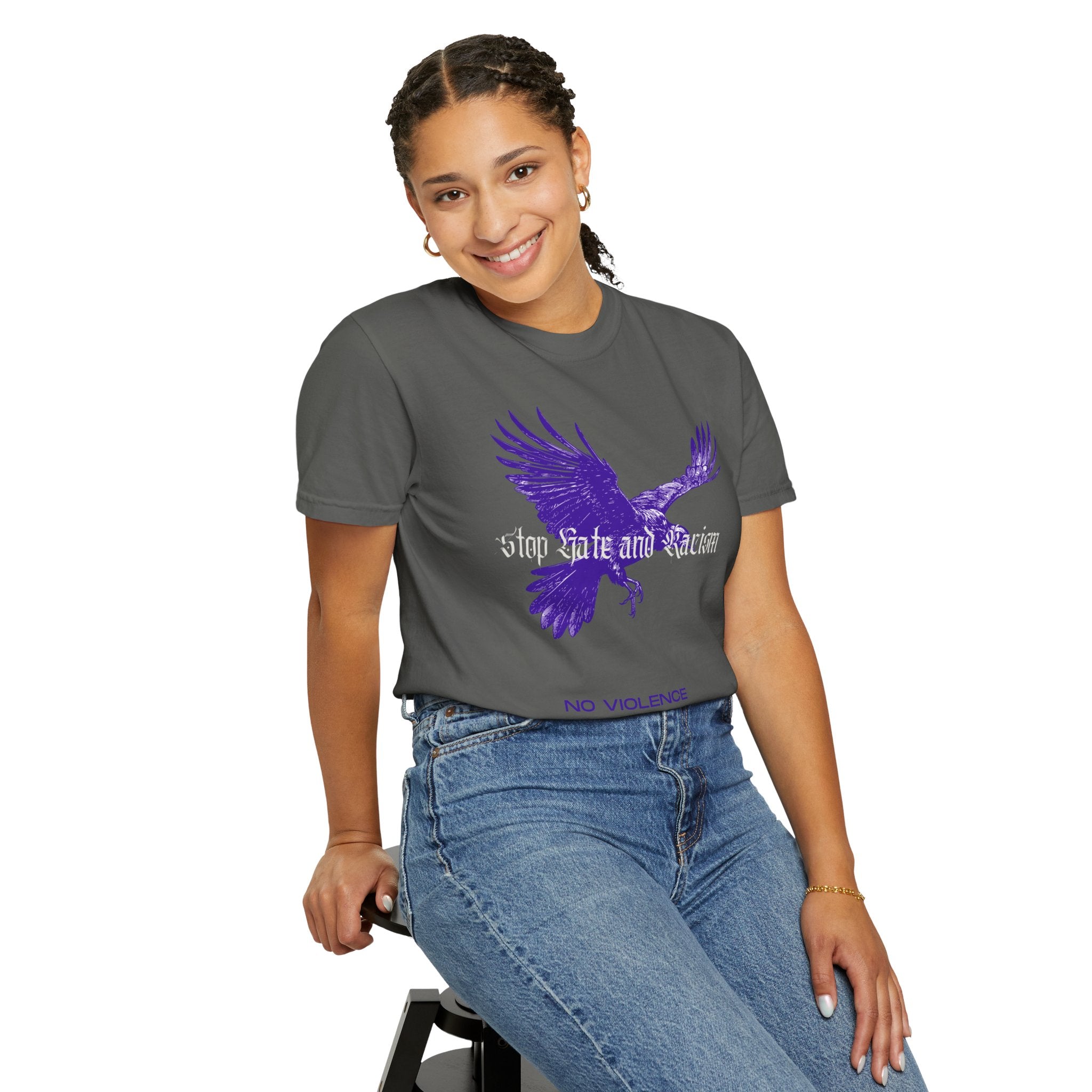 No Violence Raven T-Shirt — Purple Flying Crow Graphic Tee