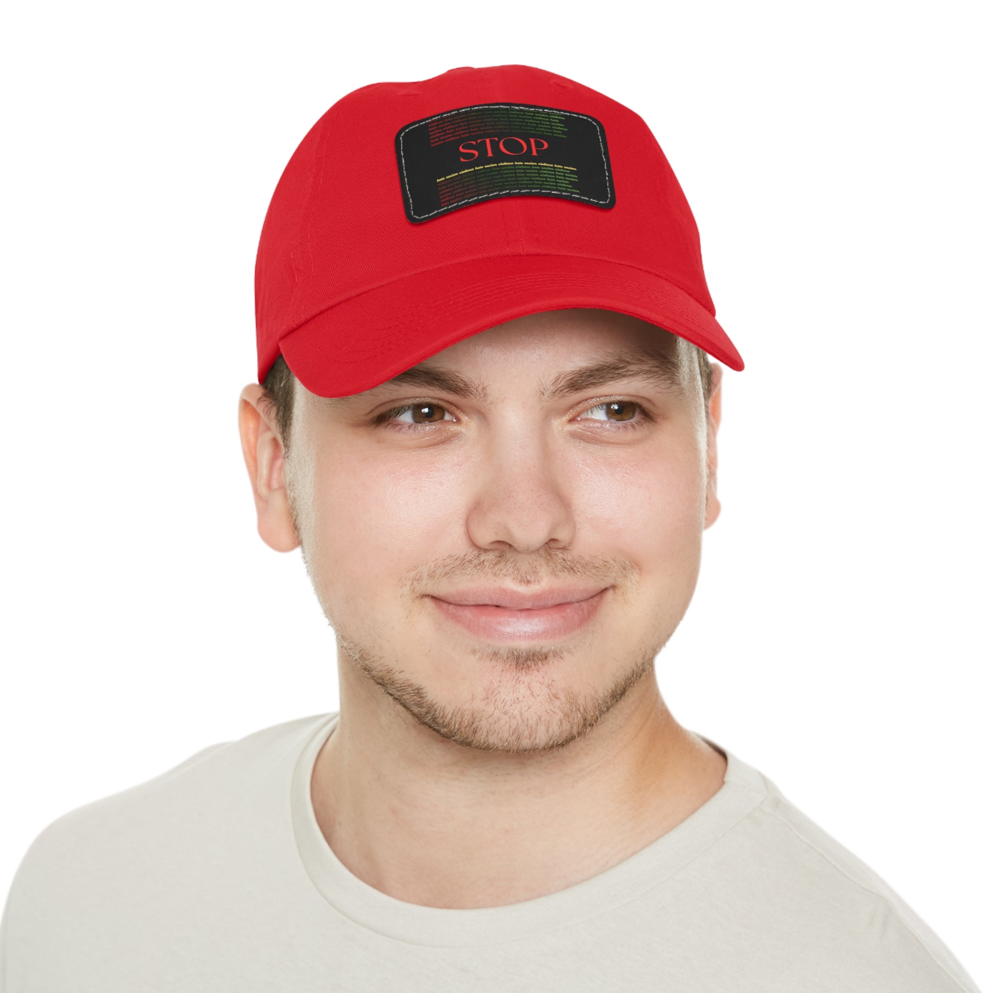 Leather Patch Dad Hat — 'STOP' Embossed Casual Baseball Cap
